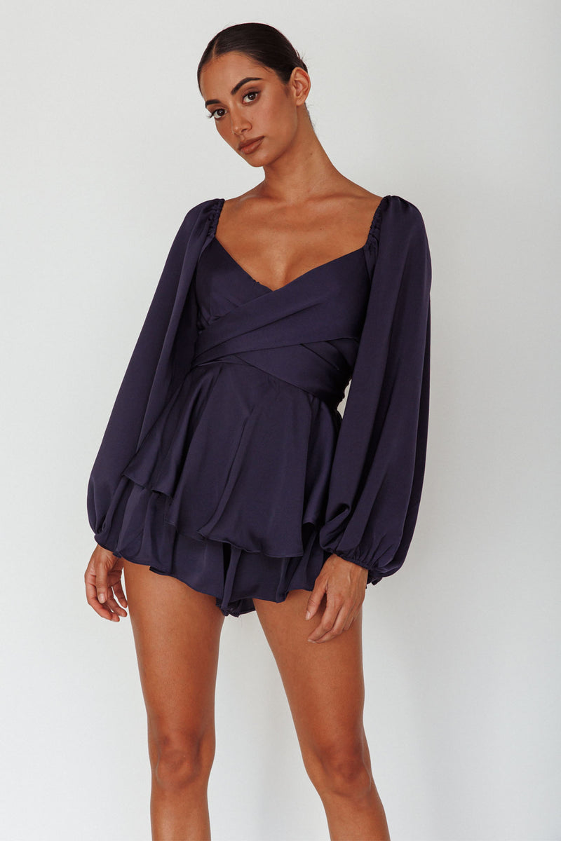 It's Complicated Long Sleeve Flounce Romper Navy