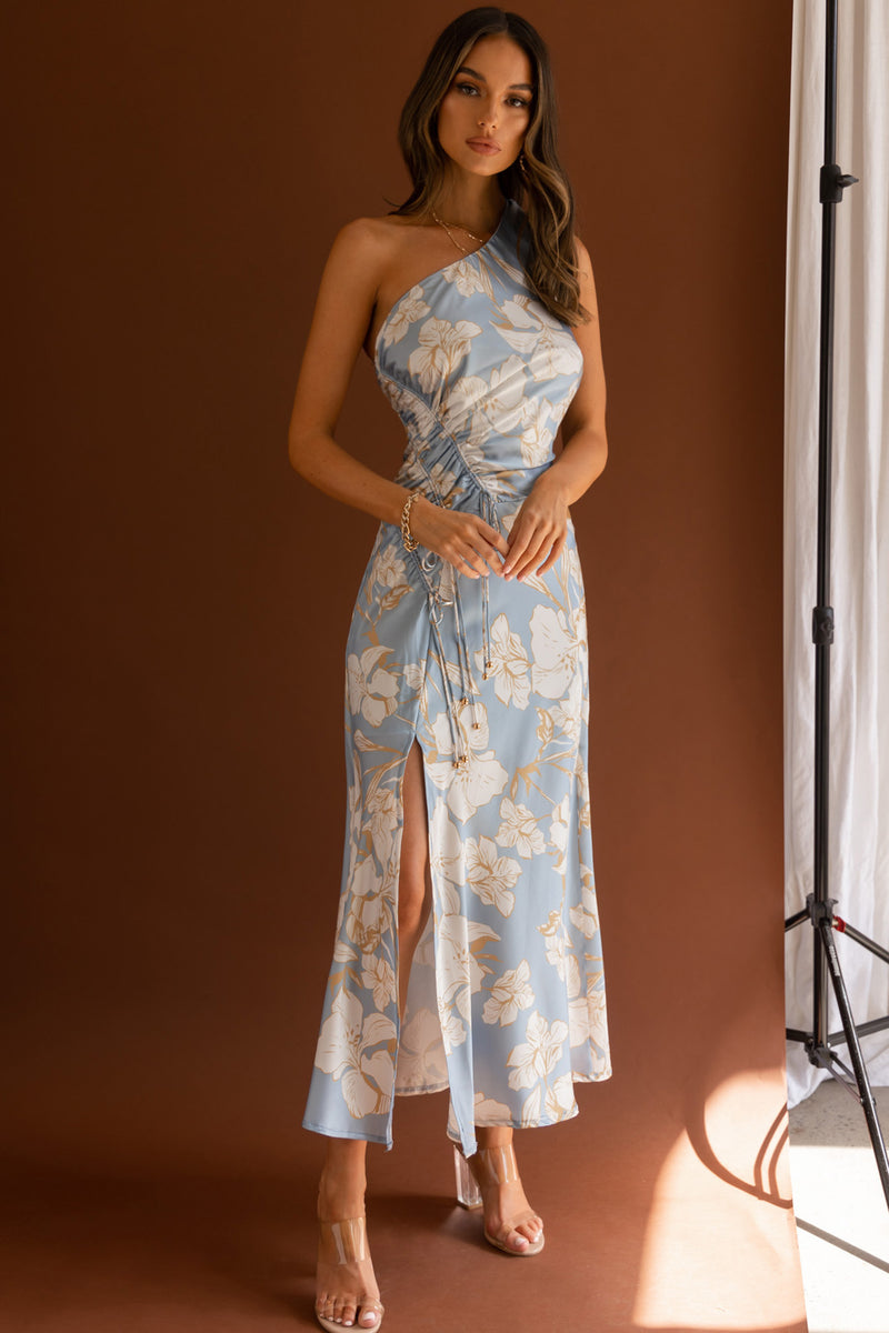 Shop the Casa Del Mar One-Shoulder Ruched Midi Dress Floral Blue