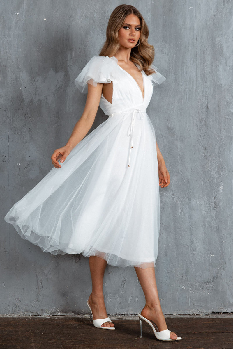 Solene White Midi Tulle Dress w/ Floral Appliqués