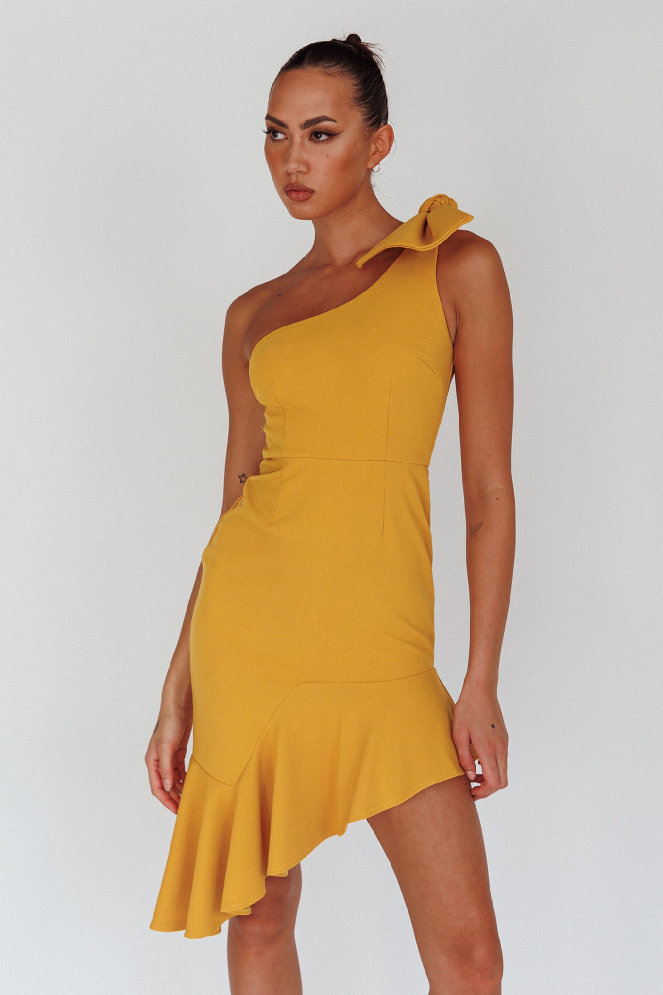 One shoulder mustard store dress