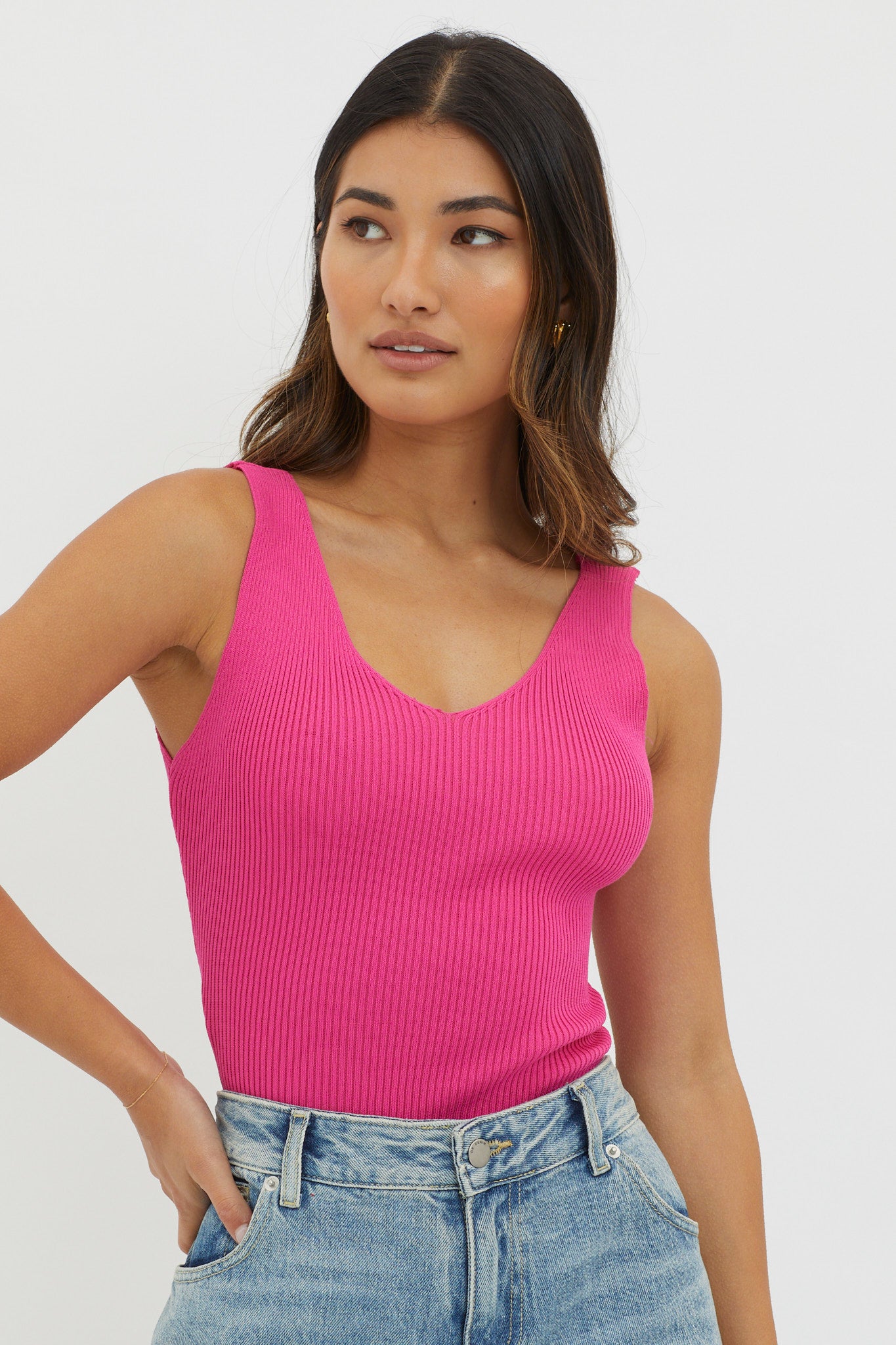 Shop The Off Duty V Neck Ribbed Knit Top Hot Pink Selfie Leslie