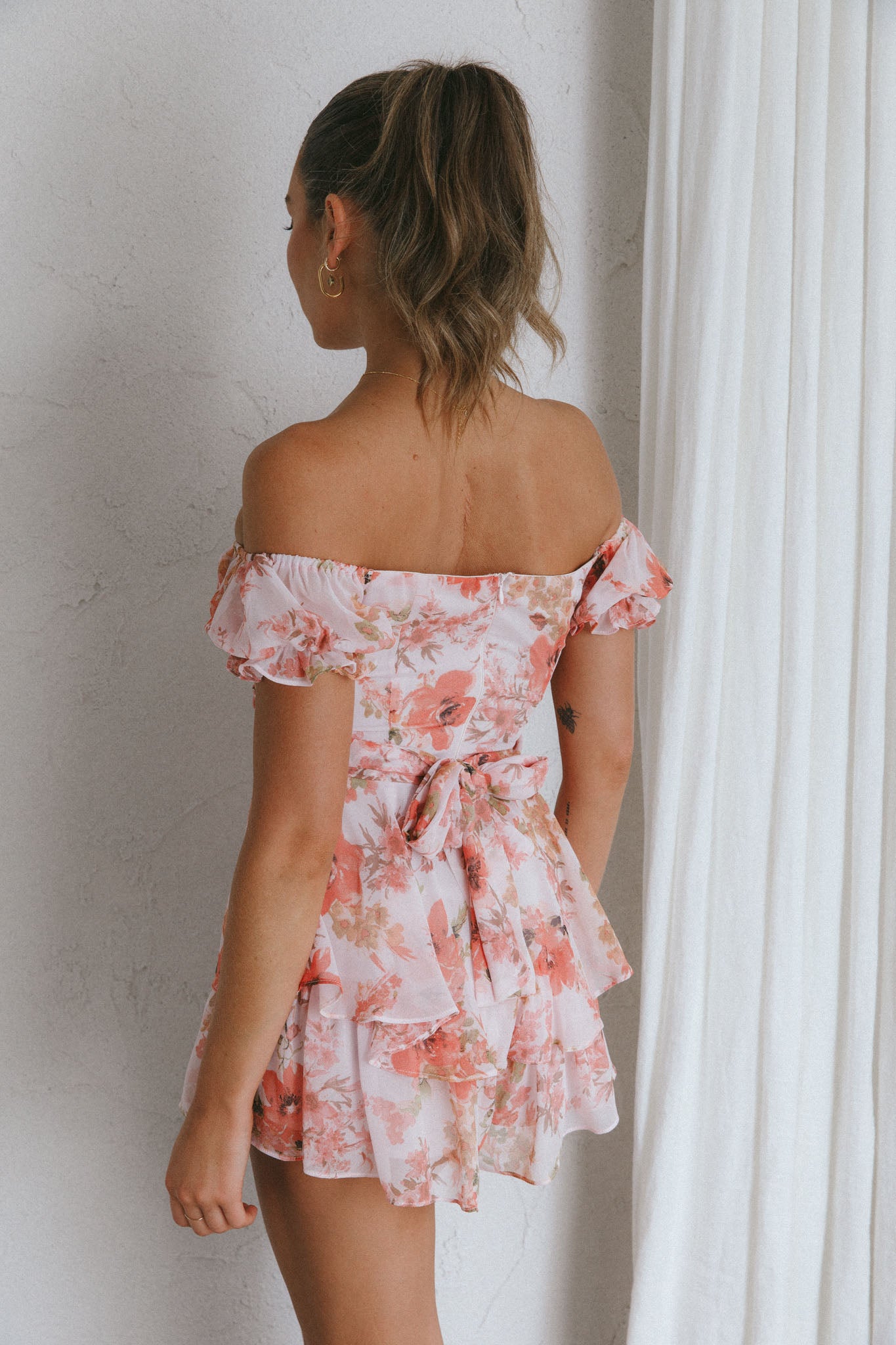 Shop the Linka Off-Shoulder Tie Back Romper Floral Pink | Selfie Leslie