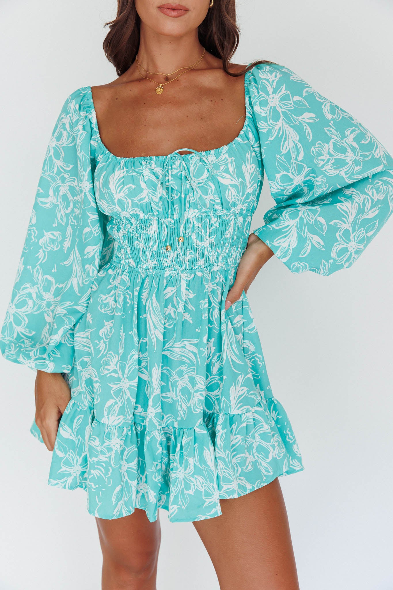 Shop the Amilie Shirred Long Sleeve Dress Floral Green | Selfie Leslie