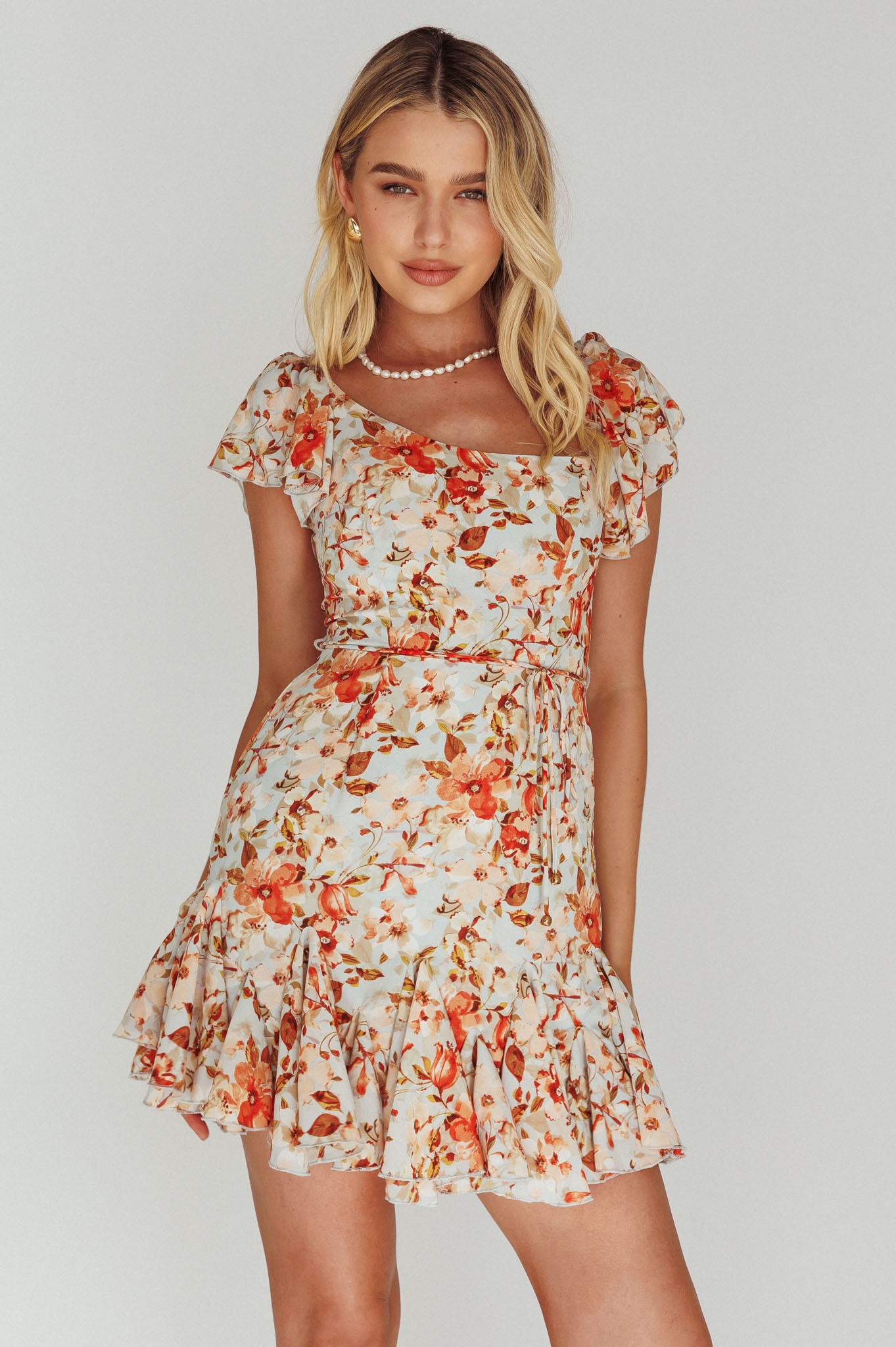 Shop the Diandre Godet Hem Mini Dress Floral Orange | Selfie Leslie