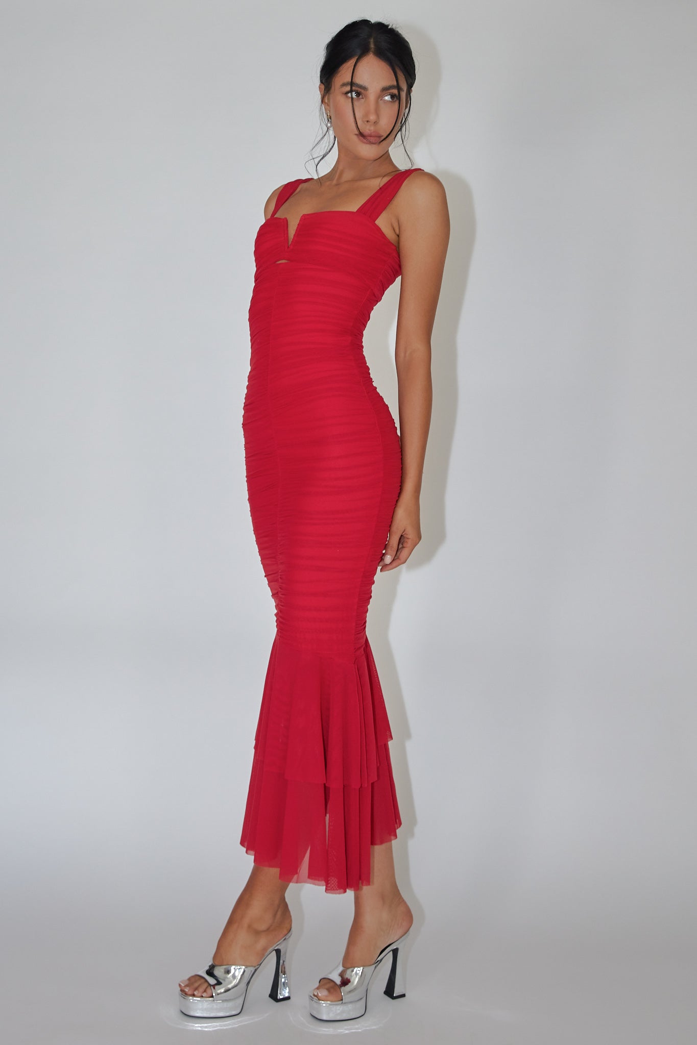 Shop the Nadia Ruched Fishtail Maxi Dress Red | Selfie Leslie