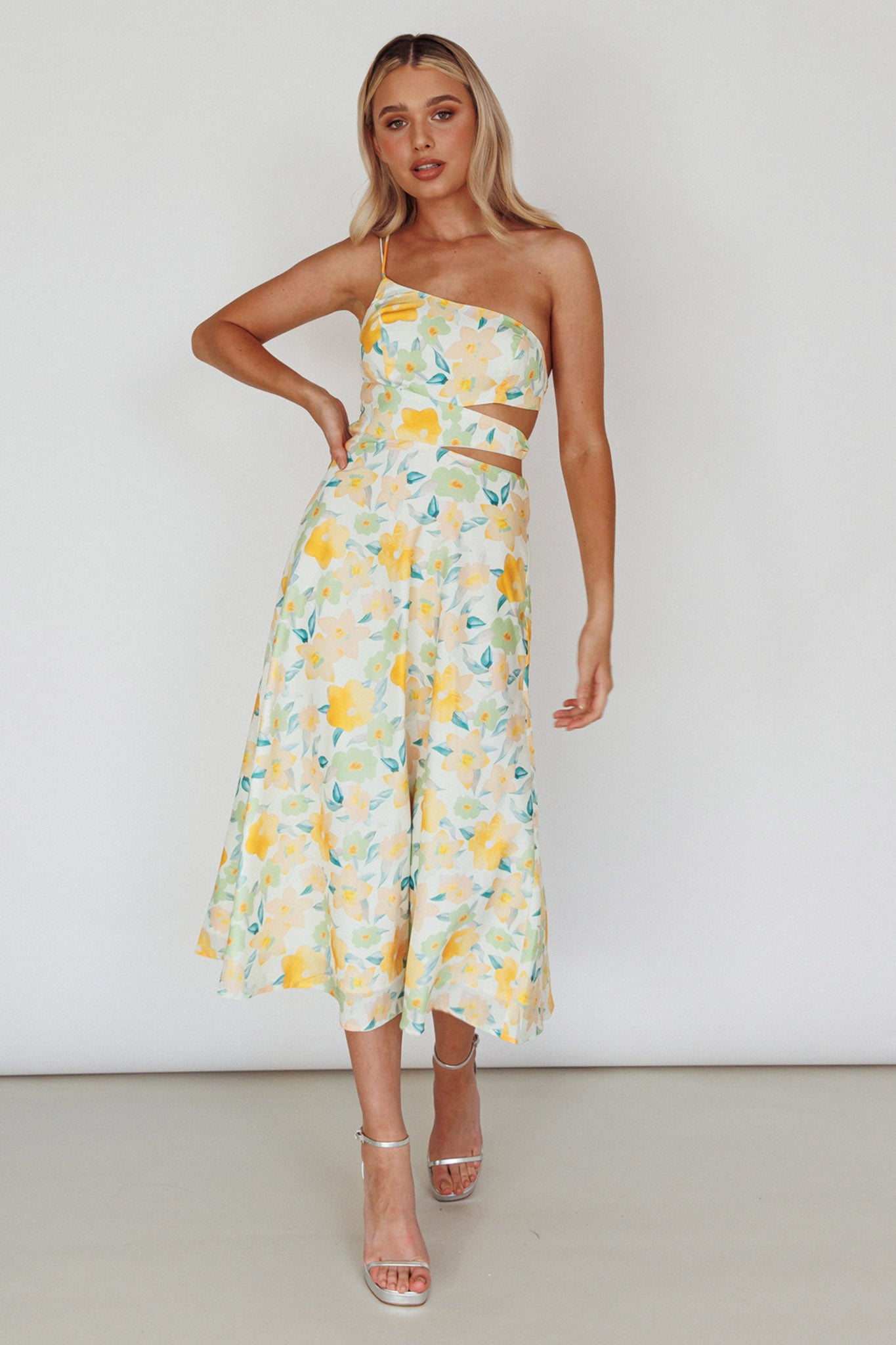 Shop the Halia One-Shoulder A-Line Midi Dress Floral Yellow | Selfie Leslie