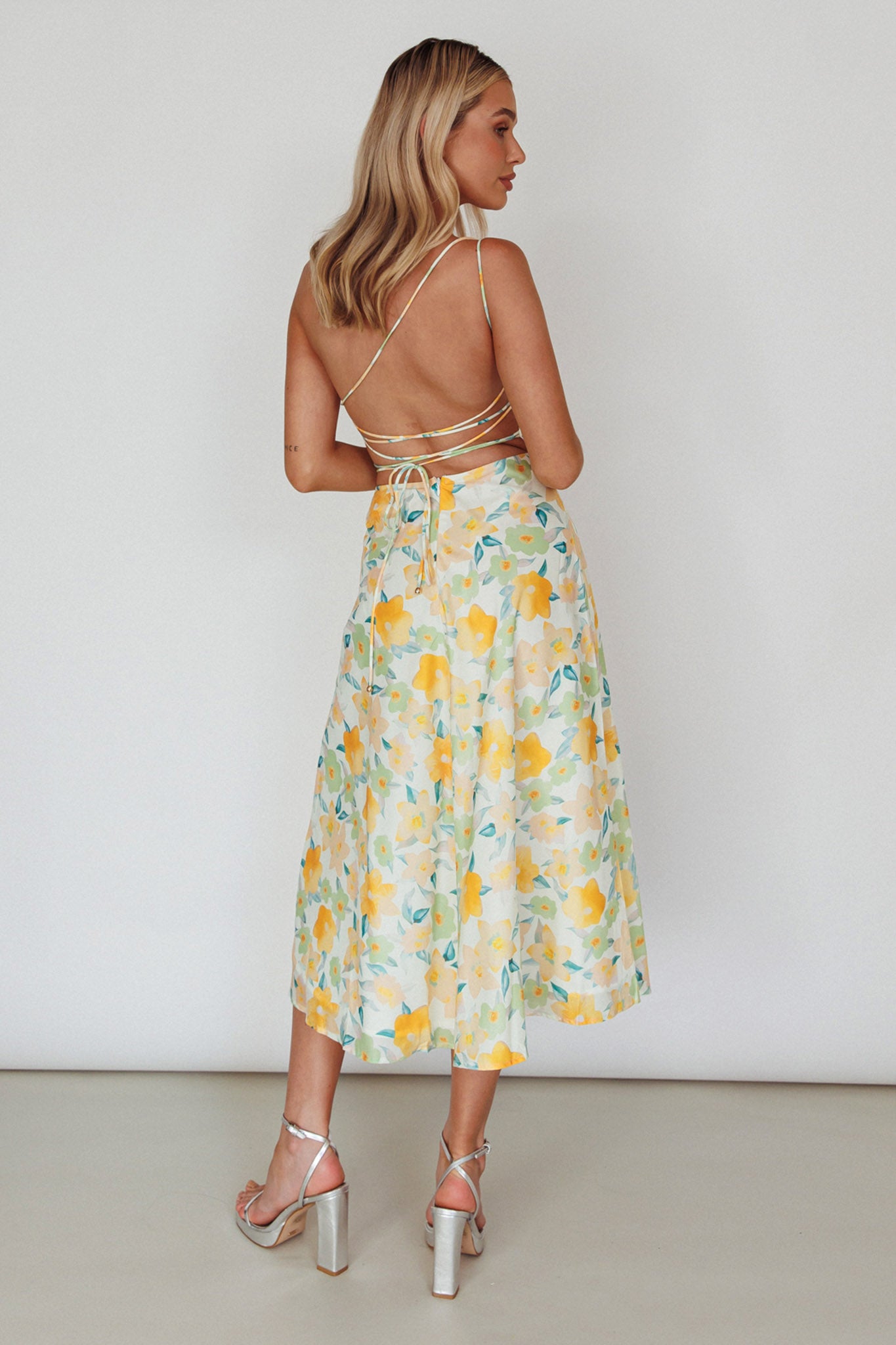 Shop the Halia One-Shoulder A-Line Midi Dress Floral Yellow | Selfie Leslie