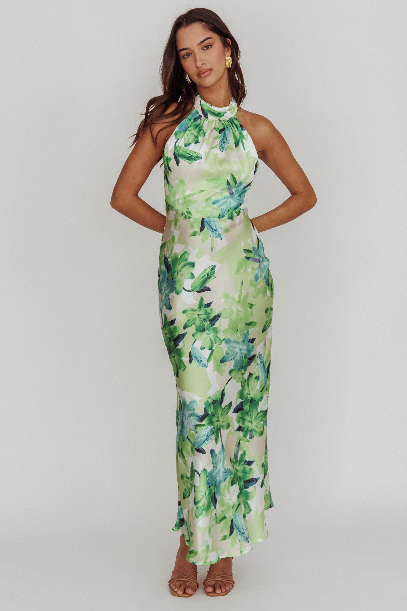 Shop the Shana Halterneck Maxi Dress Floral Green | Selfie Leslie