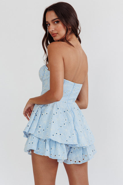 Shop the Paris Muse Gathered Bust Embroidered Romper Blue | Selfie Leslie