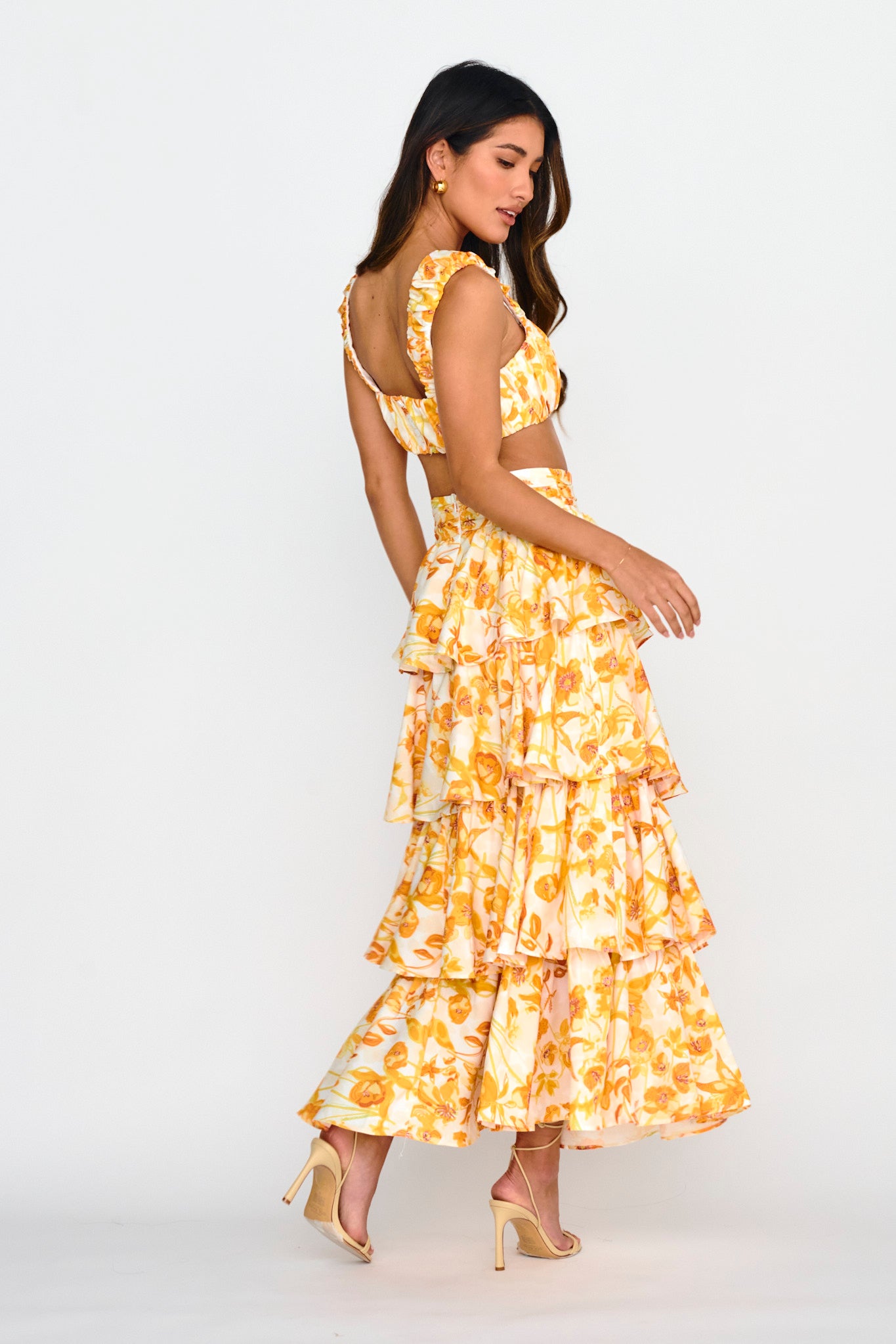 Shop the Suenito Tiered Frill Maxi Skirt Floral Orange | Selfie Leslie