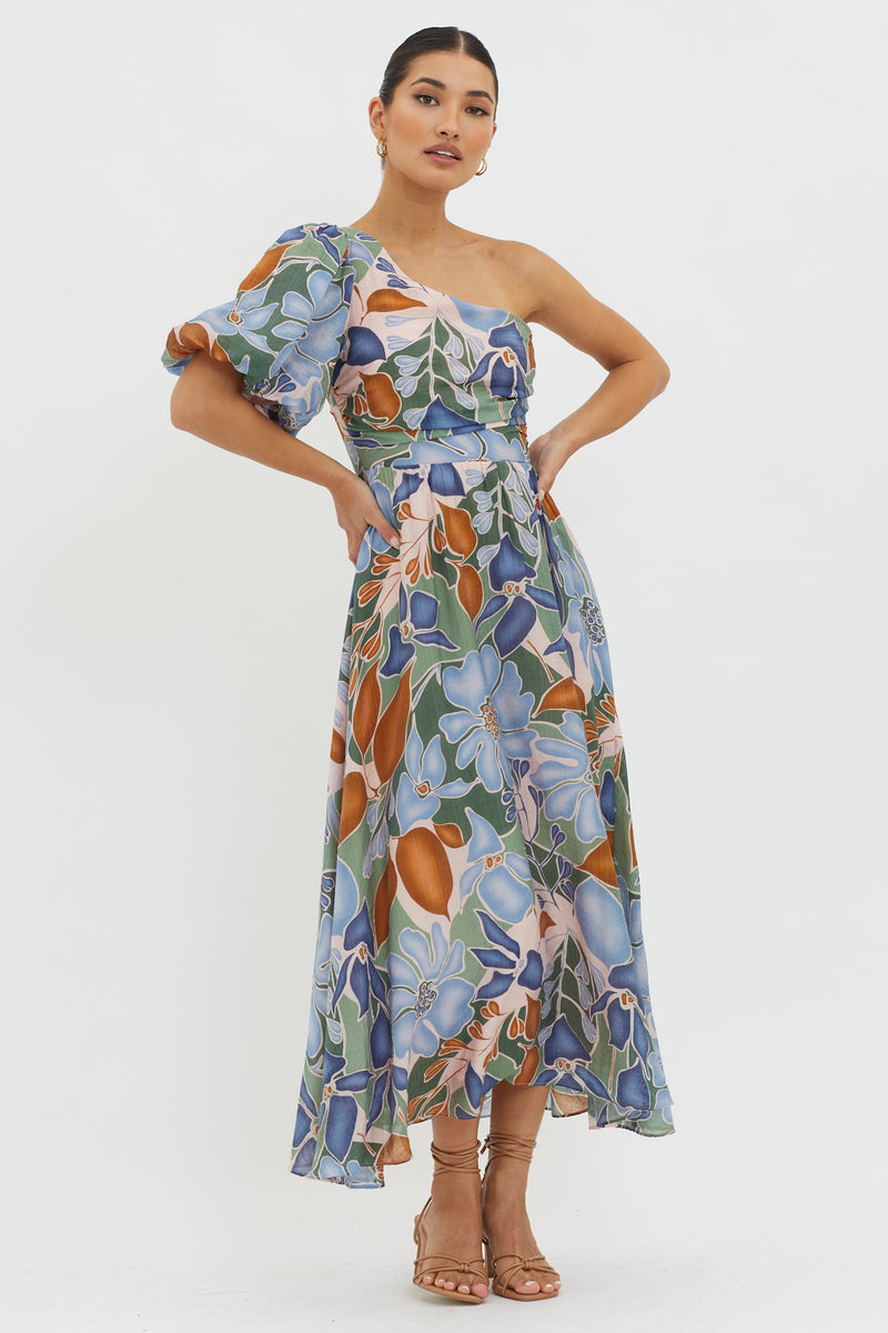 Shop the Jayni Puffed One Shoulder Midi Dress Blue | Selfie Leslie