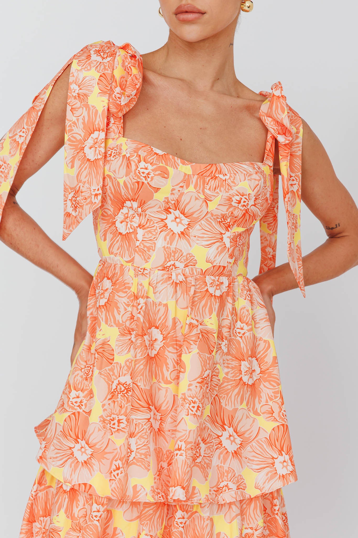 Shop the Arlowe Tied Shoulder Tiered Midi Dress Floral Orange