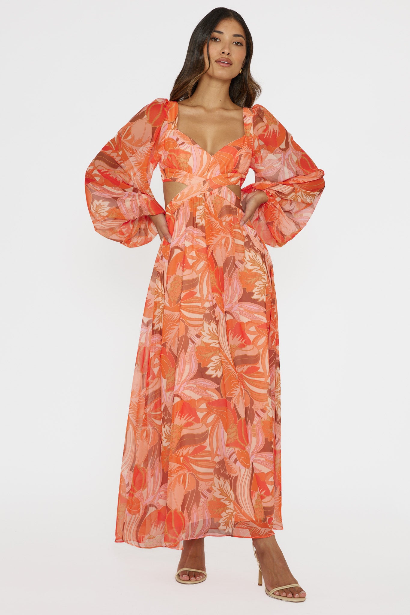 Shop the Maura Long Sleeve Lace-Up Back Dress Floral Orange | Selfie Leslie