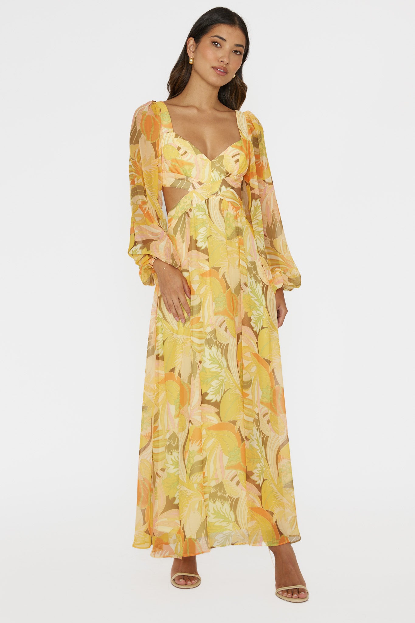 Shop the Maura Long Sleeve Lace-Up Back Dress Floral Yellow | Selfie Leslie