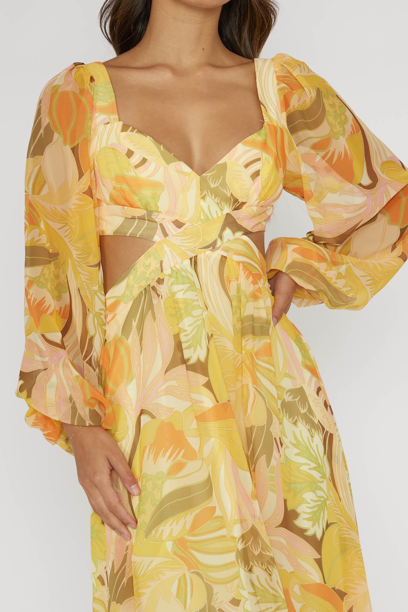 Banjanan lorene outlet printed tier dress Floral Long Sleeve Yellow Medium