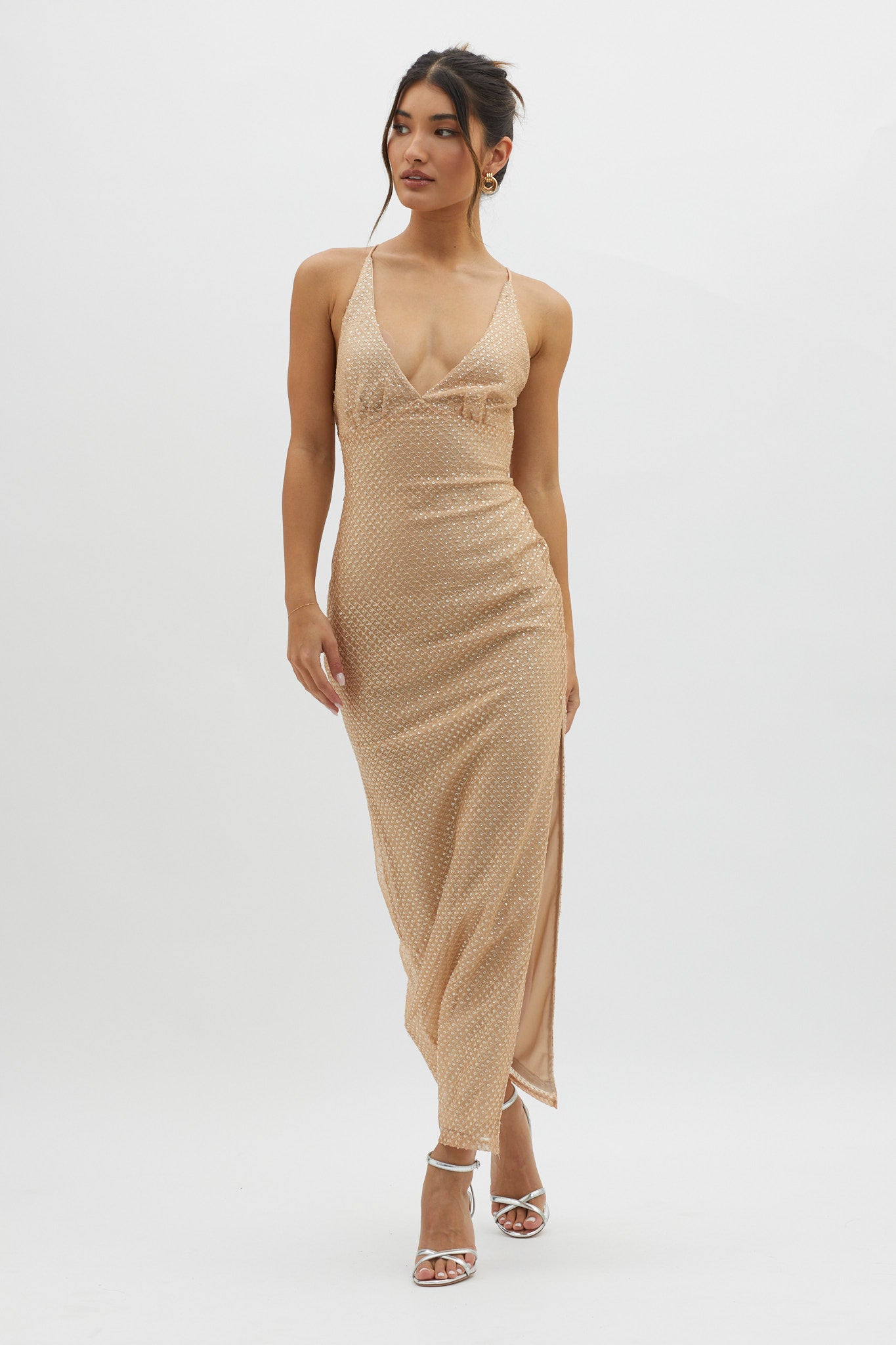 Plunging Strappy Mesh Maxi Dress