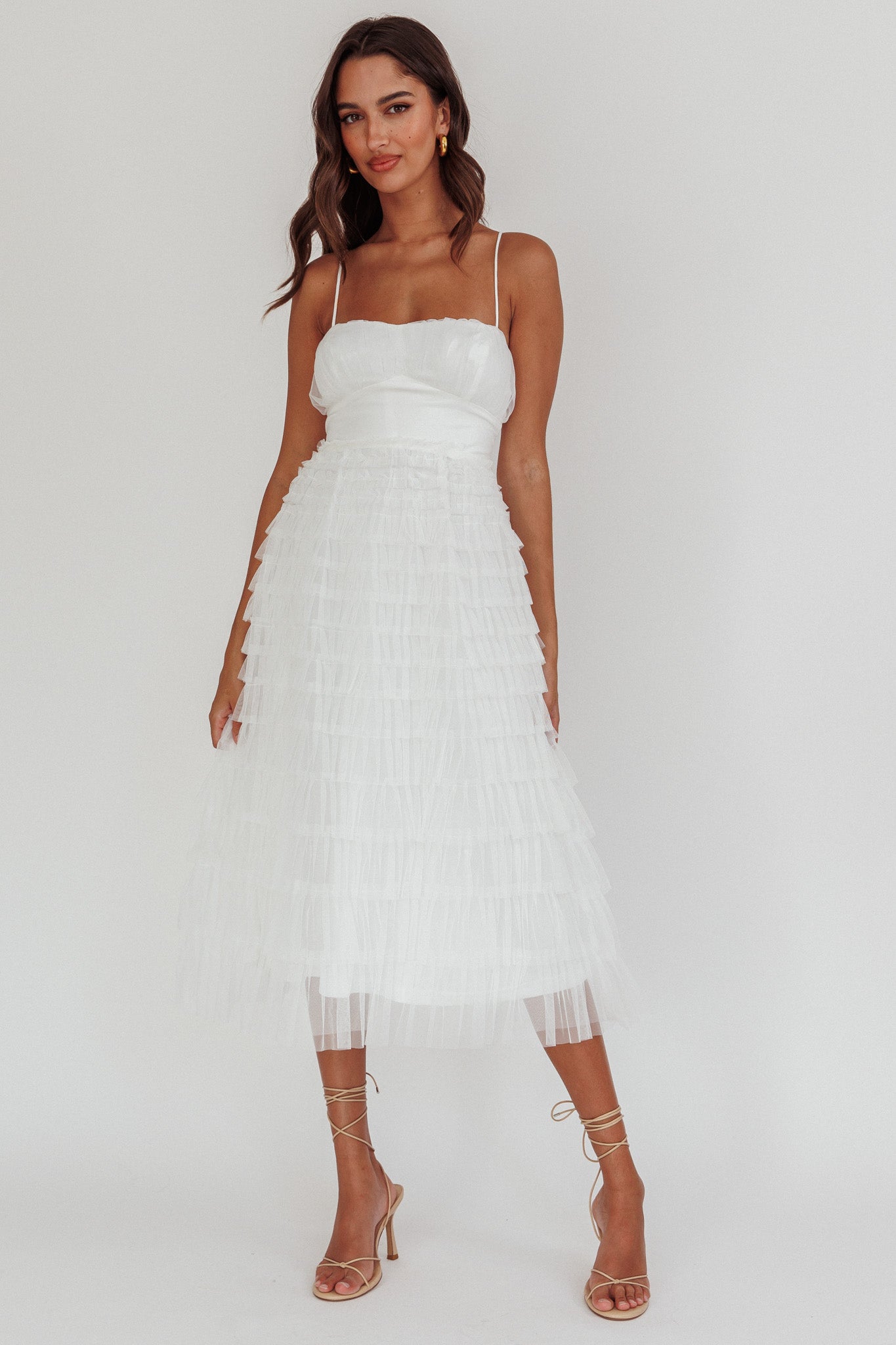 Shop the Garden Party Tiered Frill Midi Dress White | Selfie Leslie