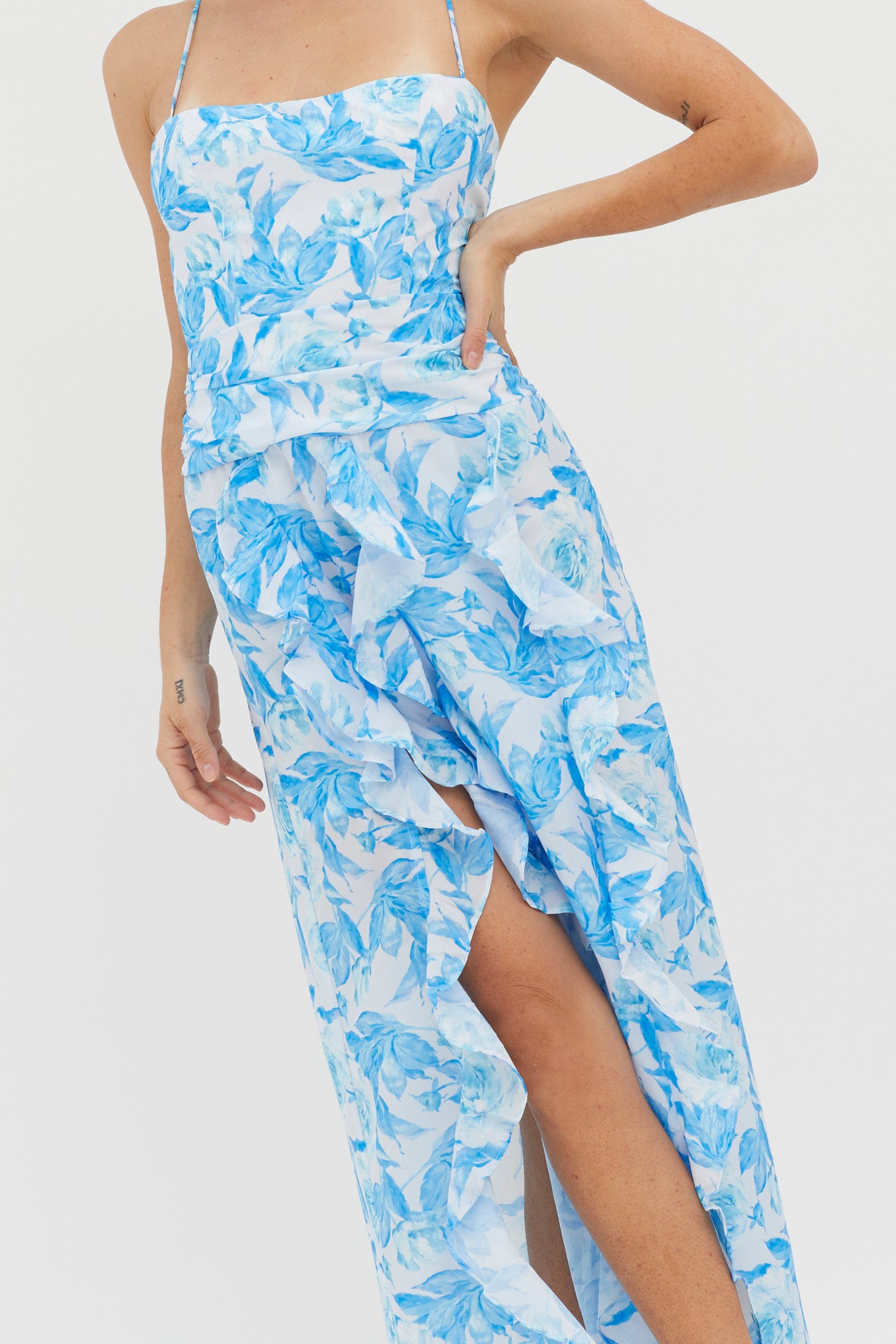 Shop the Serif Ruffle Trim Split Maxi Dress Blue | Selfie Leslie