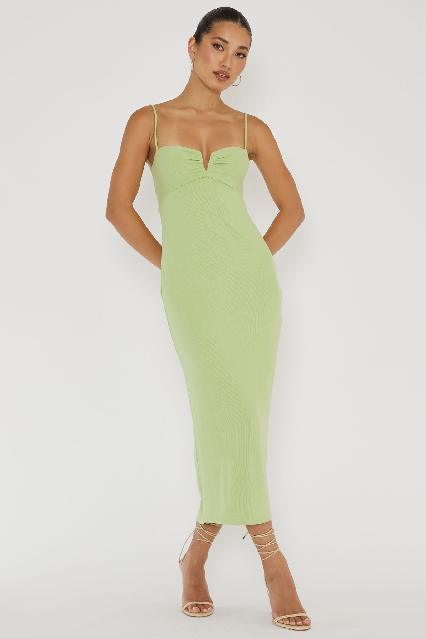 Shop the Namrata Twist Back Ribbed Midi Dress Matcha | Selfie Leslie