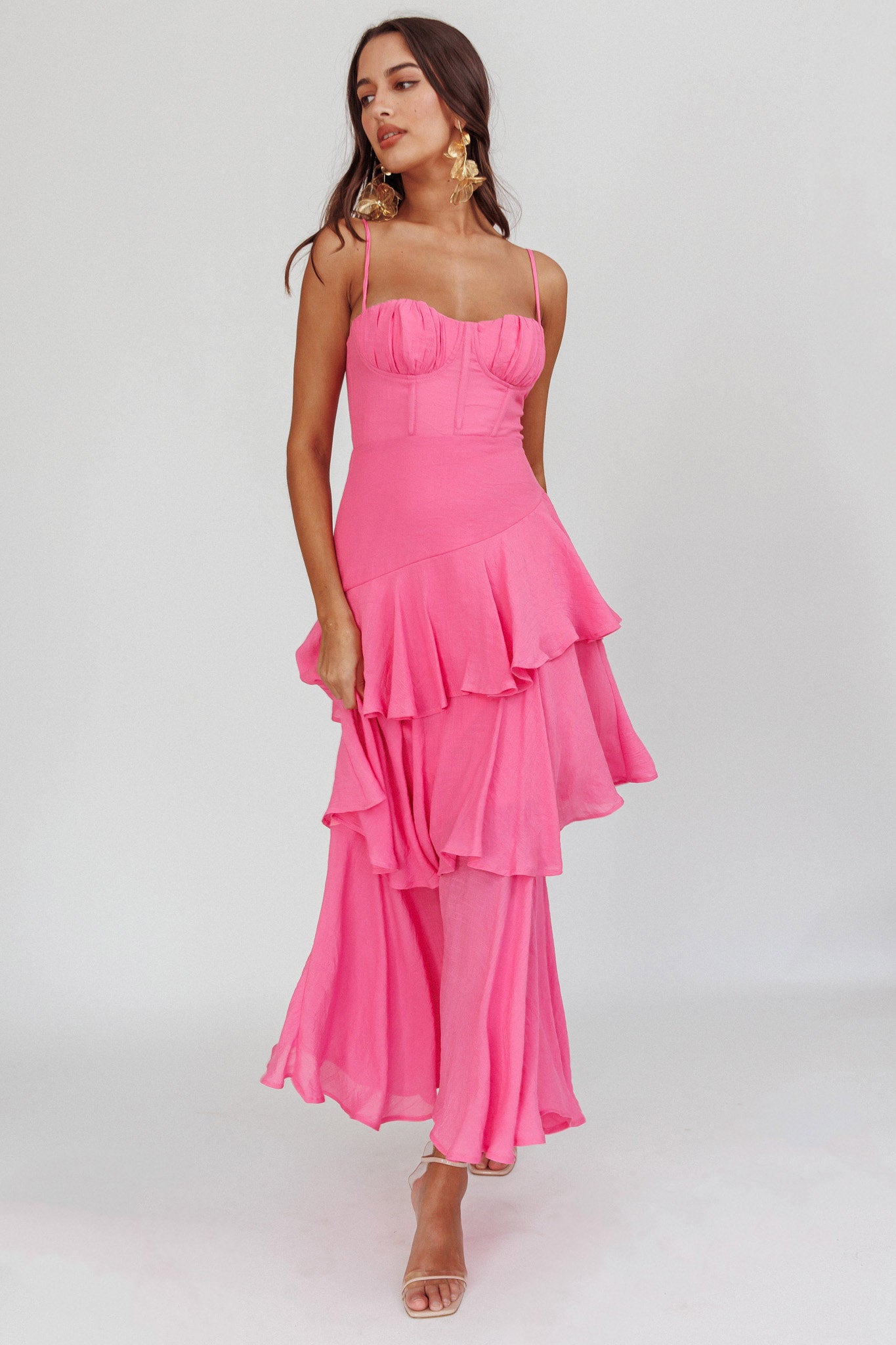 Shop the Madrid Summer Tiered Ruffle Maxi Dress Pink | Selfie Leslie