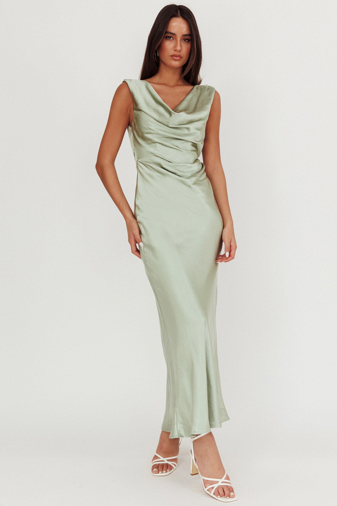 Shop the Chills Cowl Neck Satin Maxi Dress Sage | Selfie Leslie