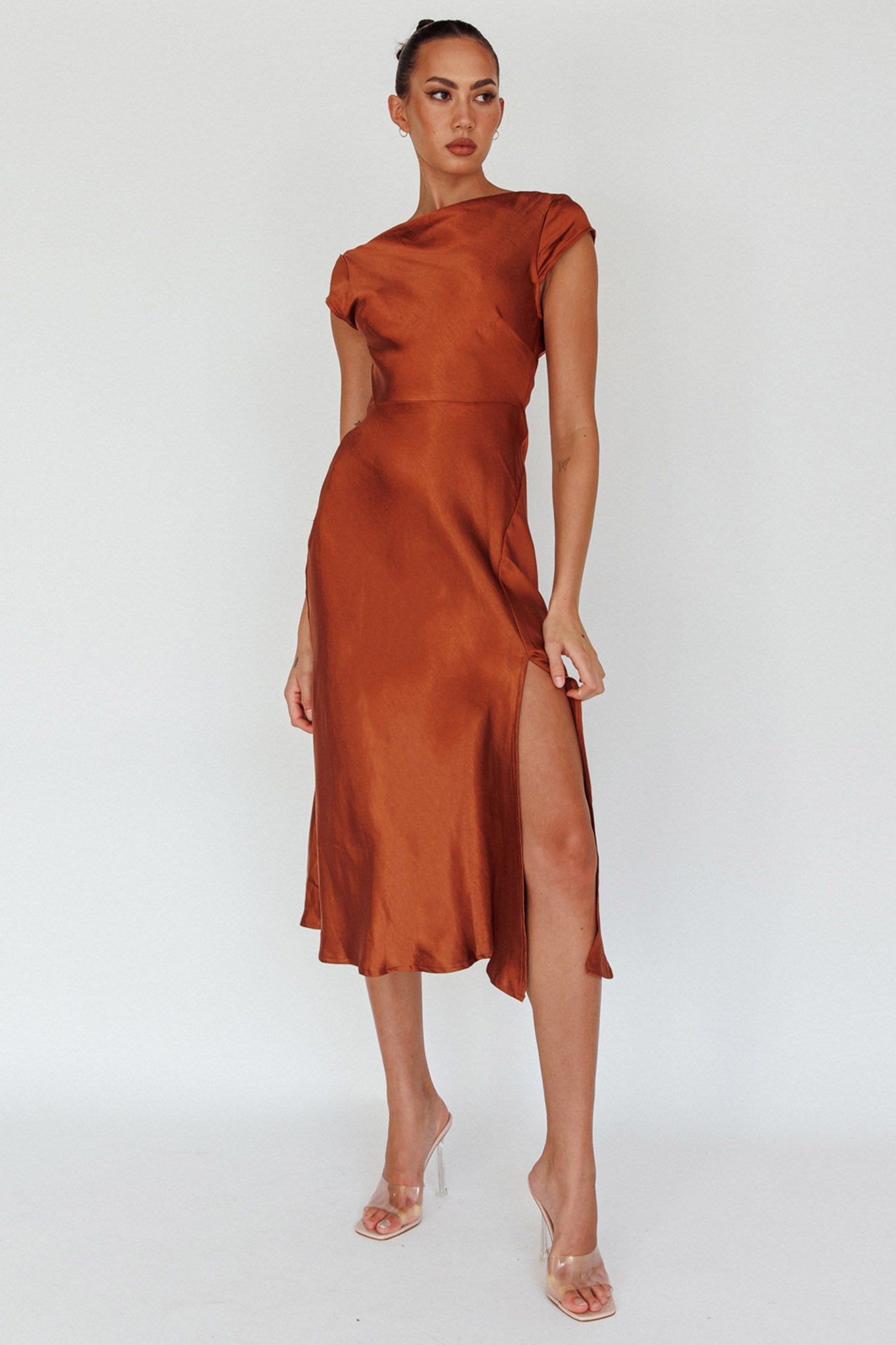 Shop The Lucinda Twist Back Midi Dress Brown Selfie Leslie