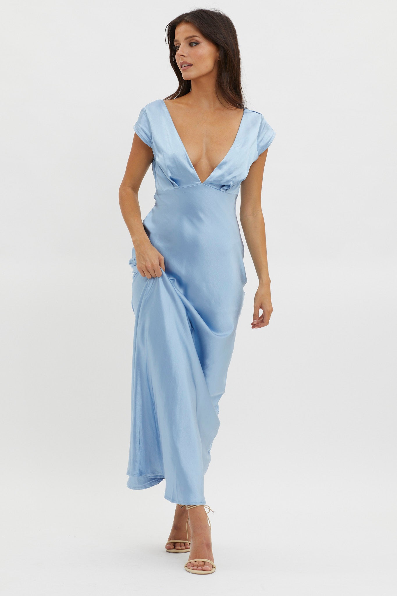 Shop The Lucinda V Neck Twist Back Midi Dress Blue Selfie Leslie