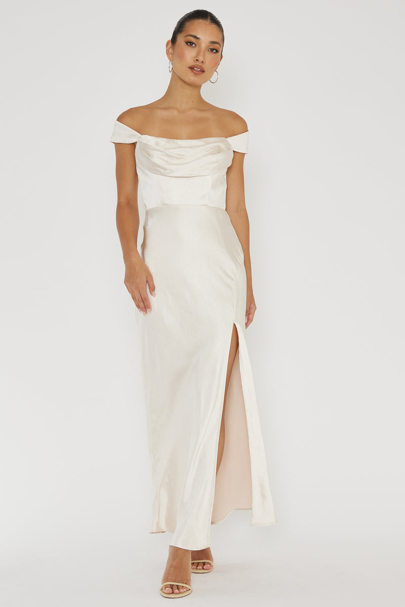 Shop the Lucinda Off-Shoulder V-Back Dress Champagne | Selfie Leslie