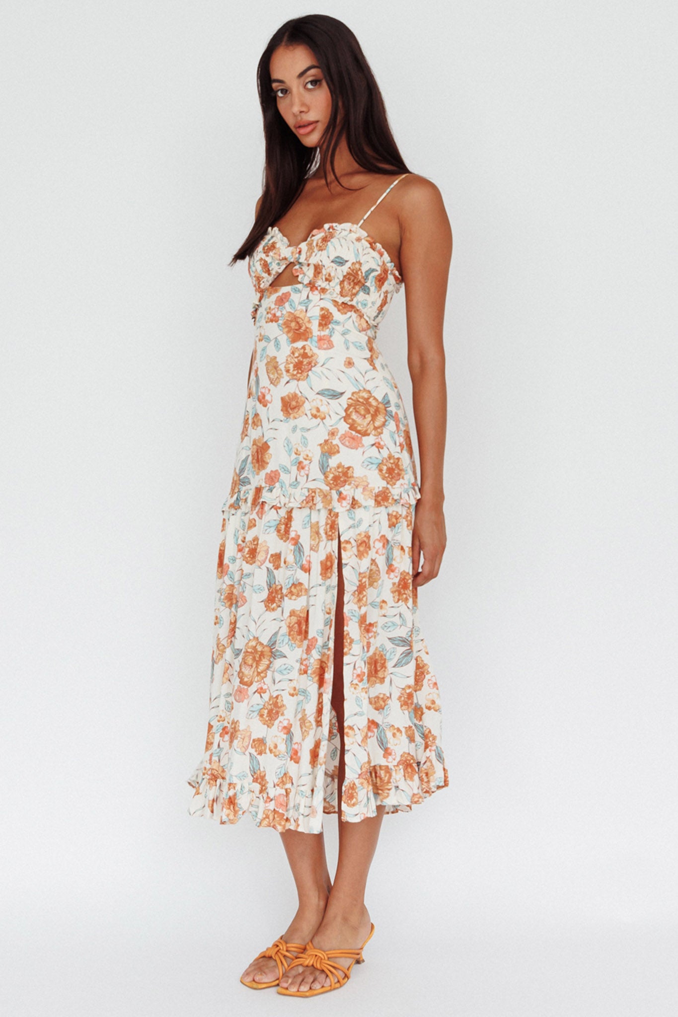 Orange Floral Shirred Waist Midi Dress