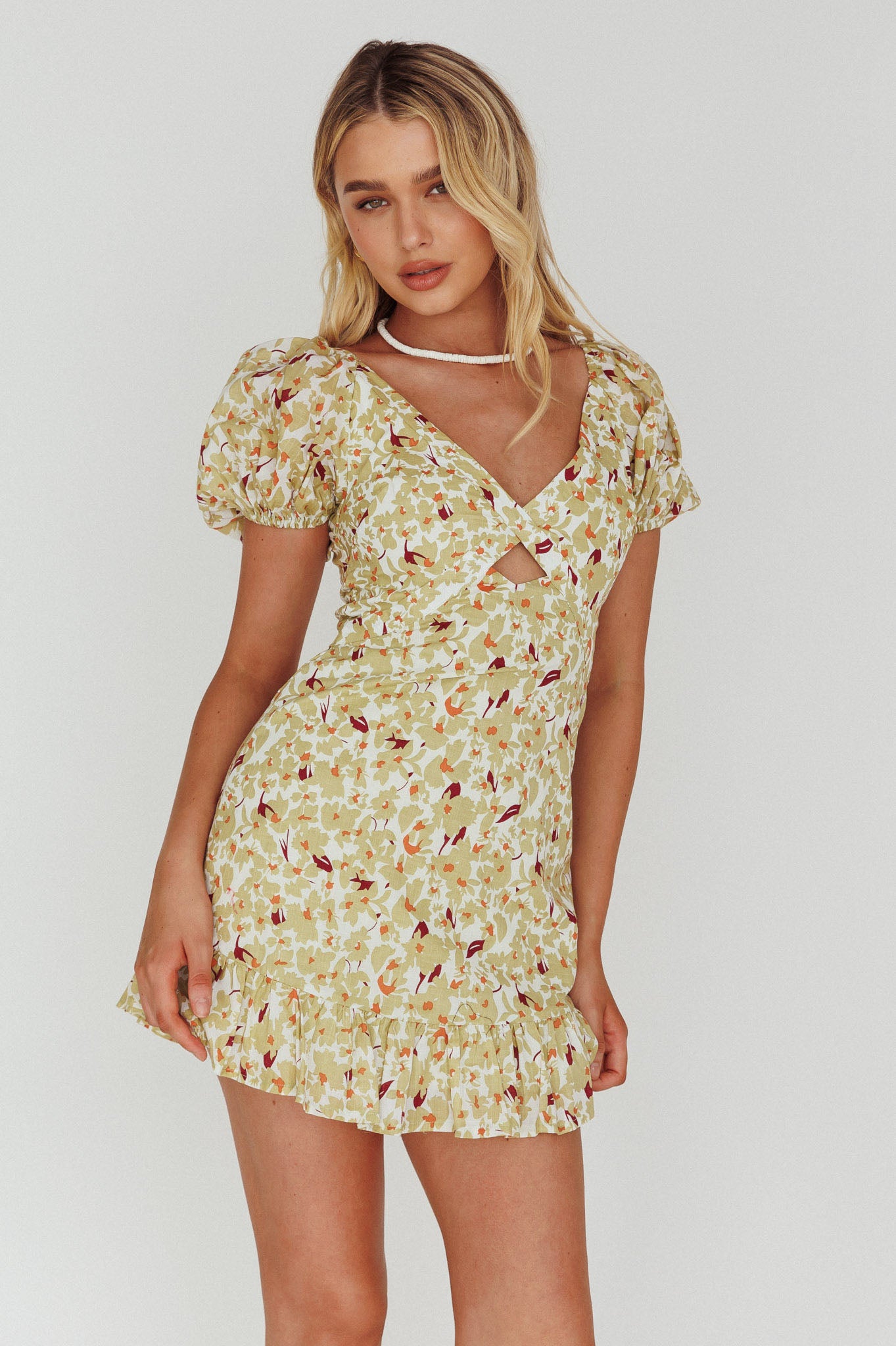 Shop the Connie Puff Sleeve Mini Dress Floral Olive | Selfie Leslie