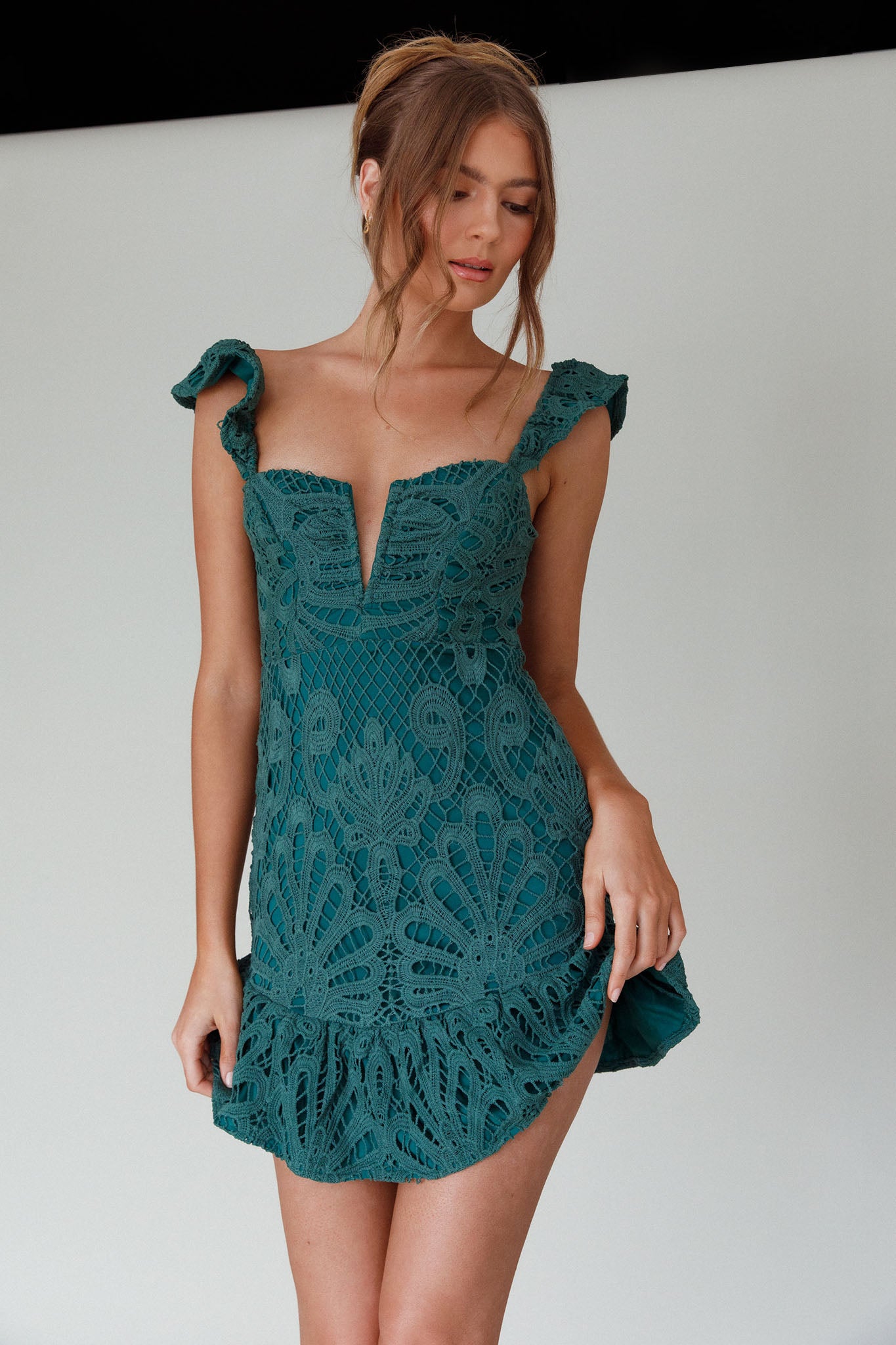 Shop the Mon Papillon Lace Mini Dress Forest Green Selfie Leslie