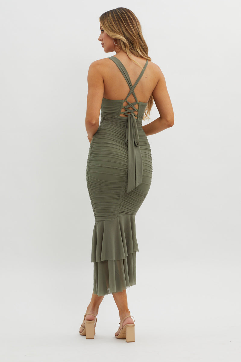 Shop the Surreal Lace-Up Back Ruched Midi Dress Olive | Selfie Leslie