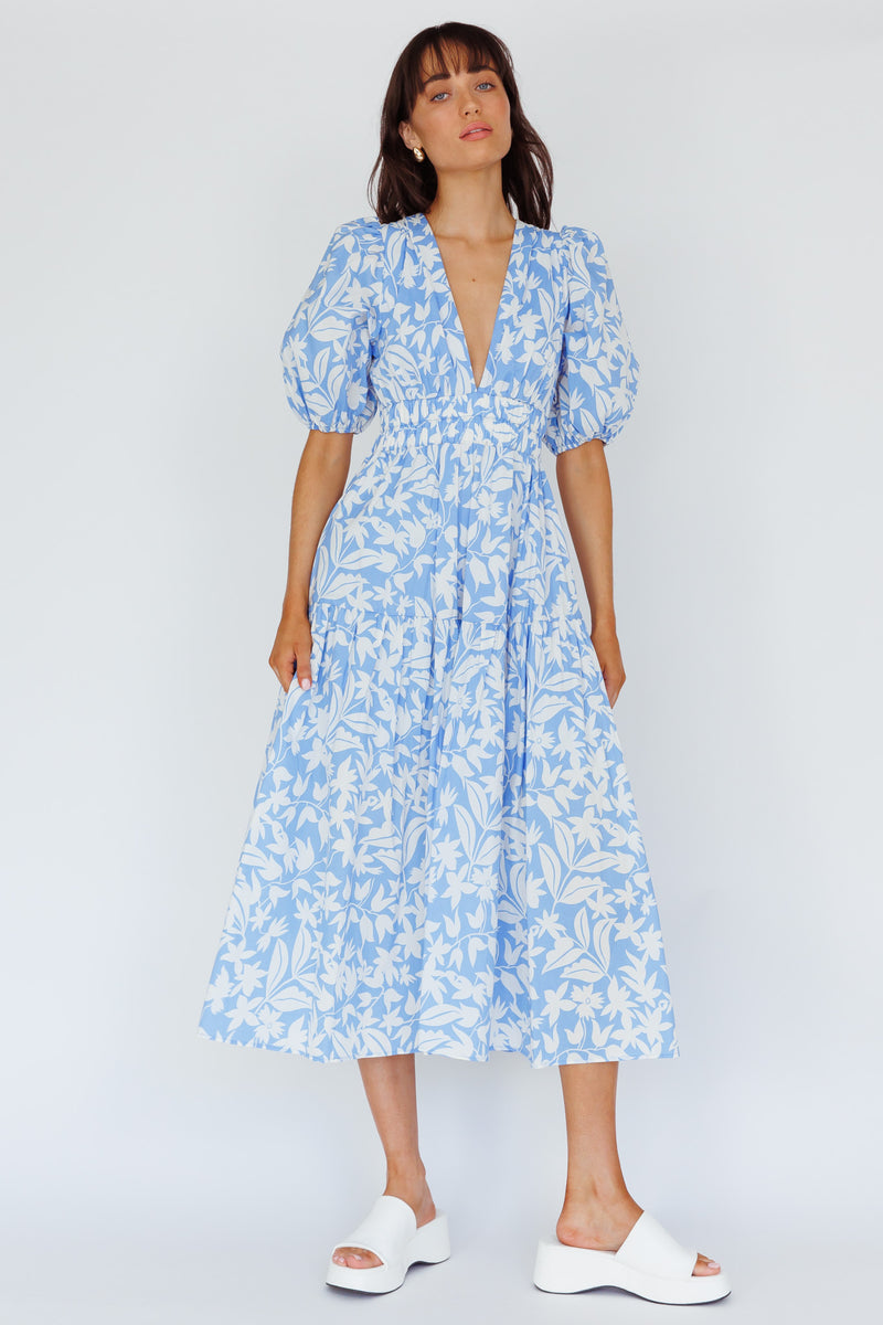 Shop the Summer Land V-Neckline Midi Dress Floral Blue | Selfie Leslie