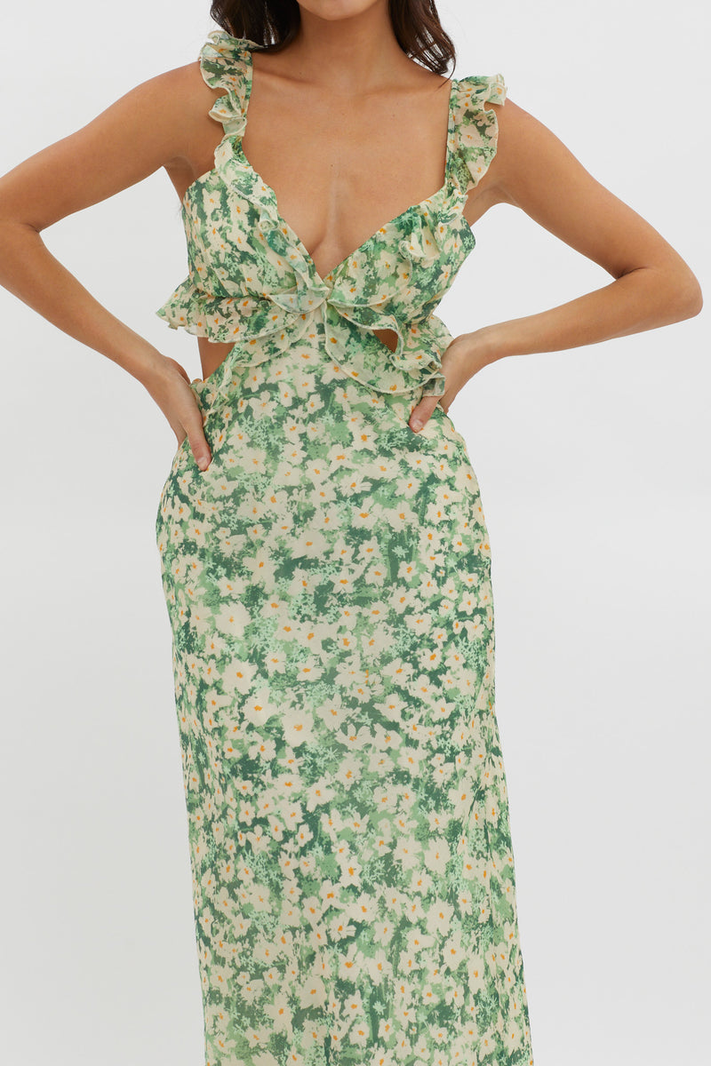 Shop the Second Chances Ruffle Trim Maxi Dress Flowers Green | Selfie ...