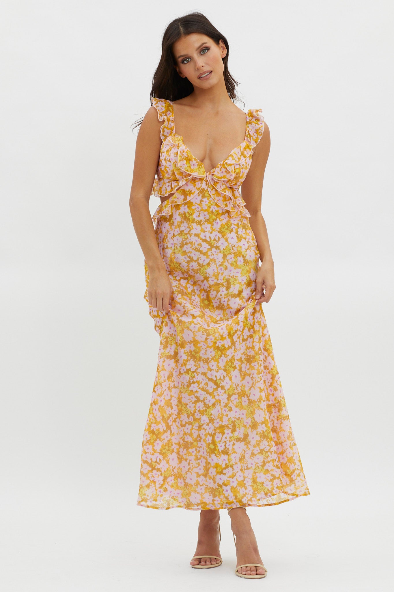 Shop the Second Chances Ruffle Trim Maxi Dress Flowers Yellow | Selfie ...