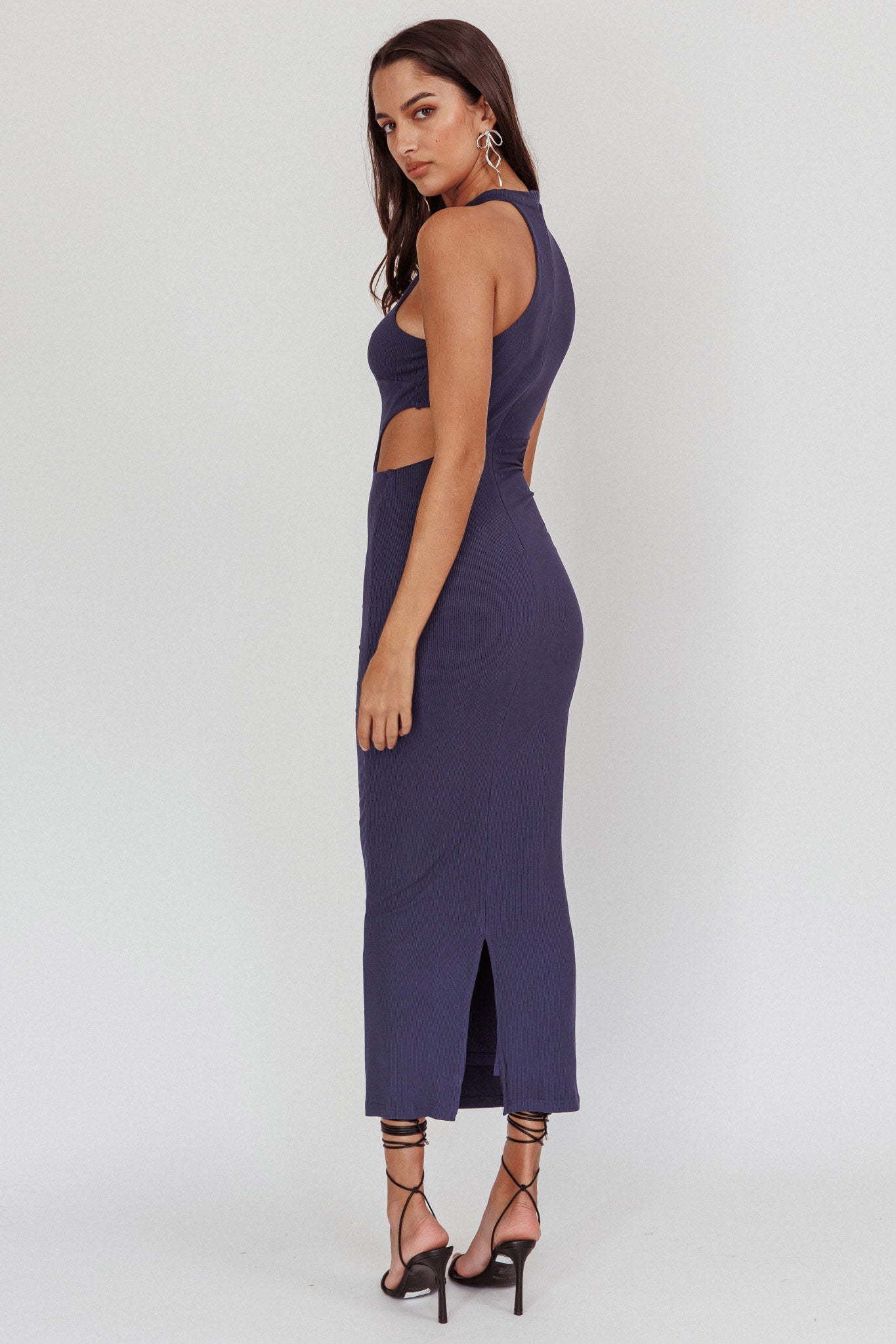 Shop the Estella Keyhole Ribbed Midi Dress Navy | Selfie Leslie