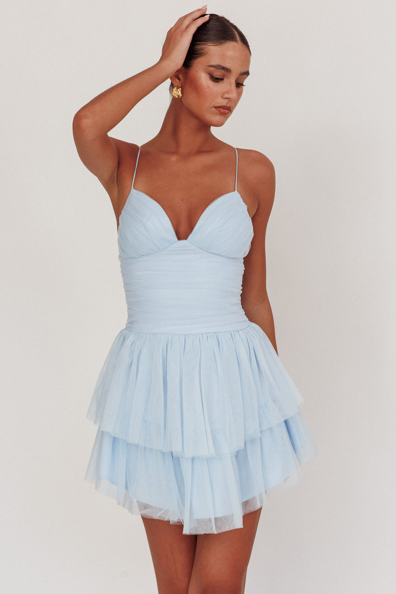 Shop the Nightingale Ruched Mesh Mini Dress Baby Blue | Selfie Leslie