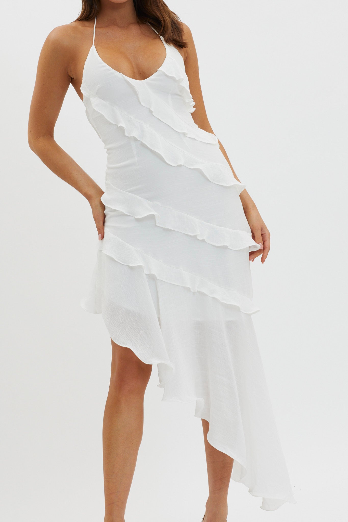 Shop the Arrabel Tiered Ruffle Asymmetric Midi Dress White | Selfie Leslie