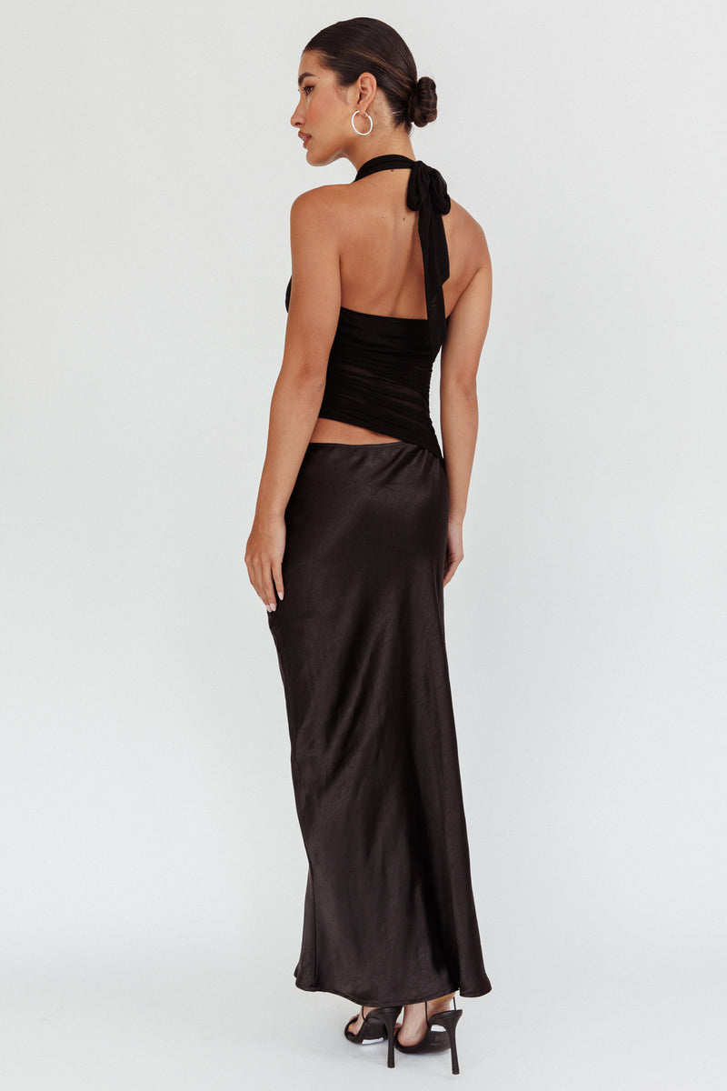 Shop the Lorely Ruched Bodice Halterneck Maxi Dress Black | Selfie Leslie