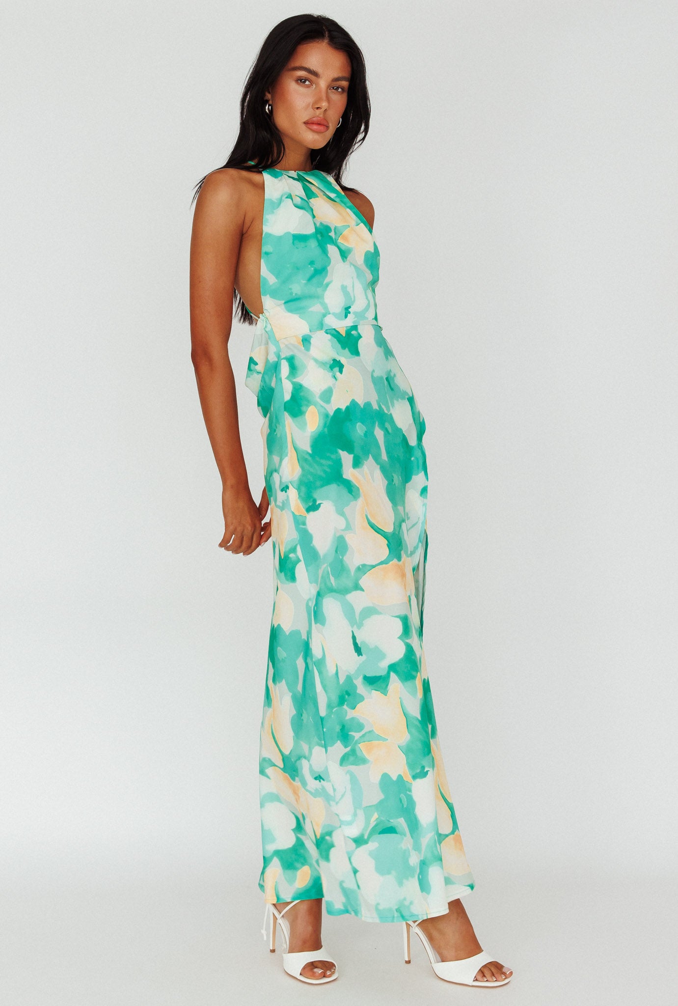Shop the Val Cowl Back Maxi Dress Floral Green | Selfie Leslie