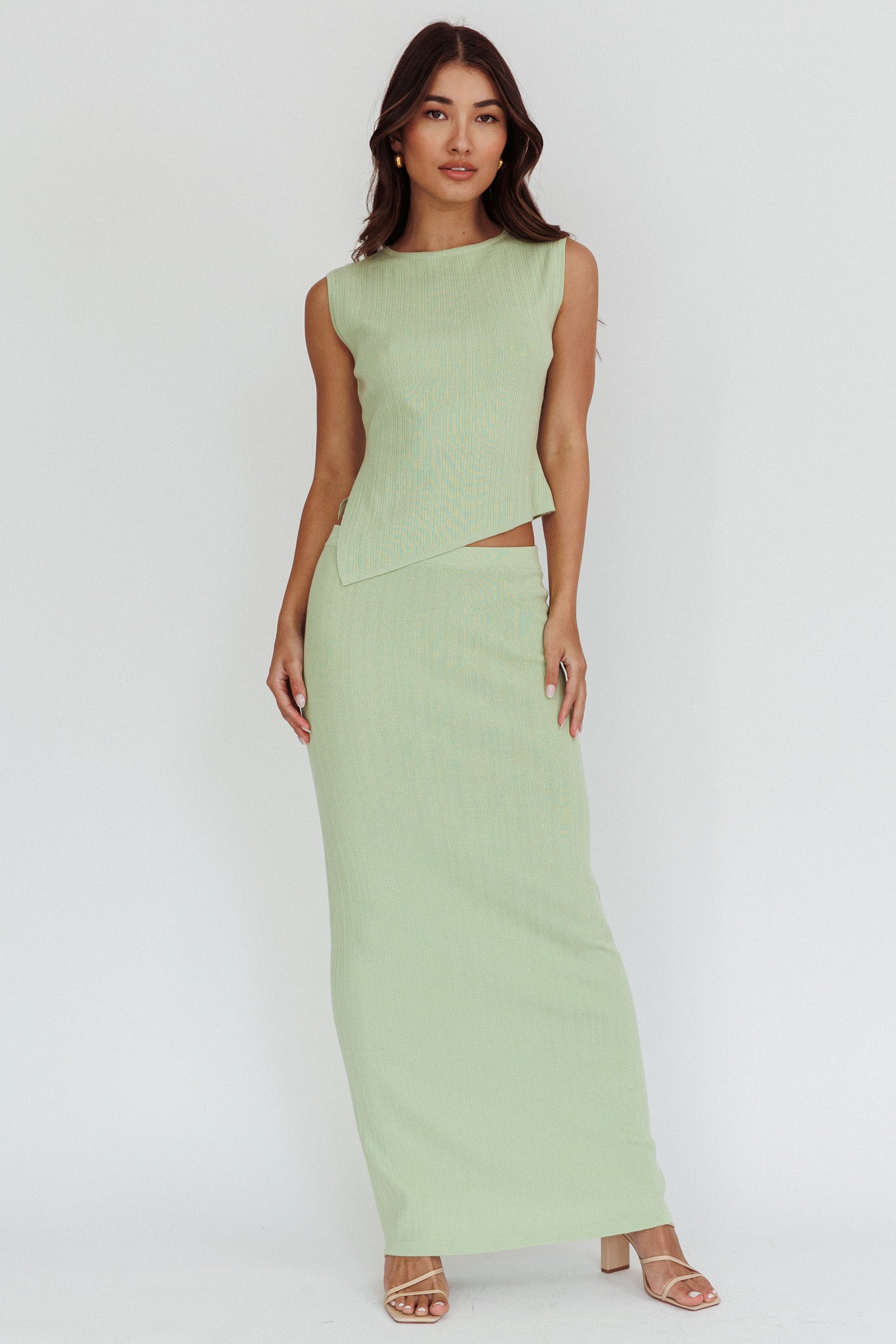 Shop the Rossana Ribbed Maxi Skirt Sage | Selfie Leslie