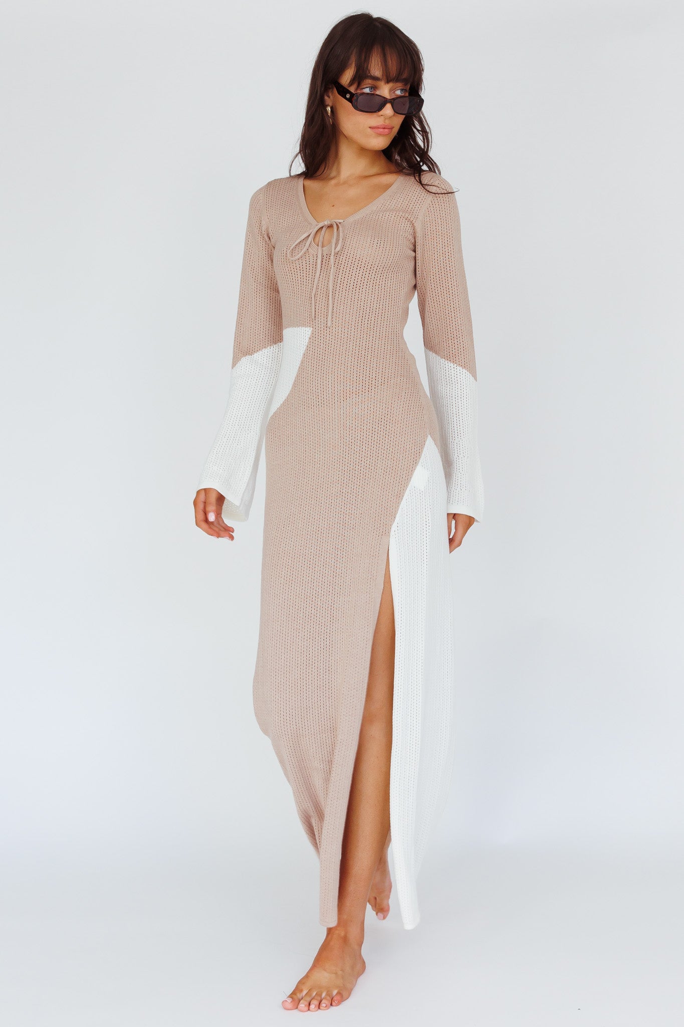 Shop the Karsen Long Sleeve Crochet Maxi Dress Beige | Selfie Leslie