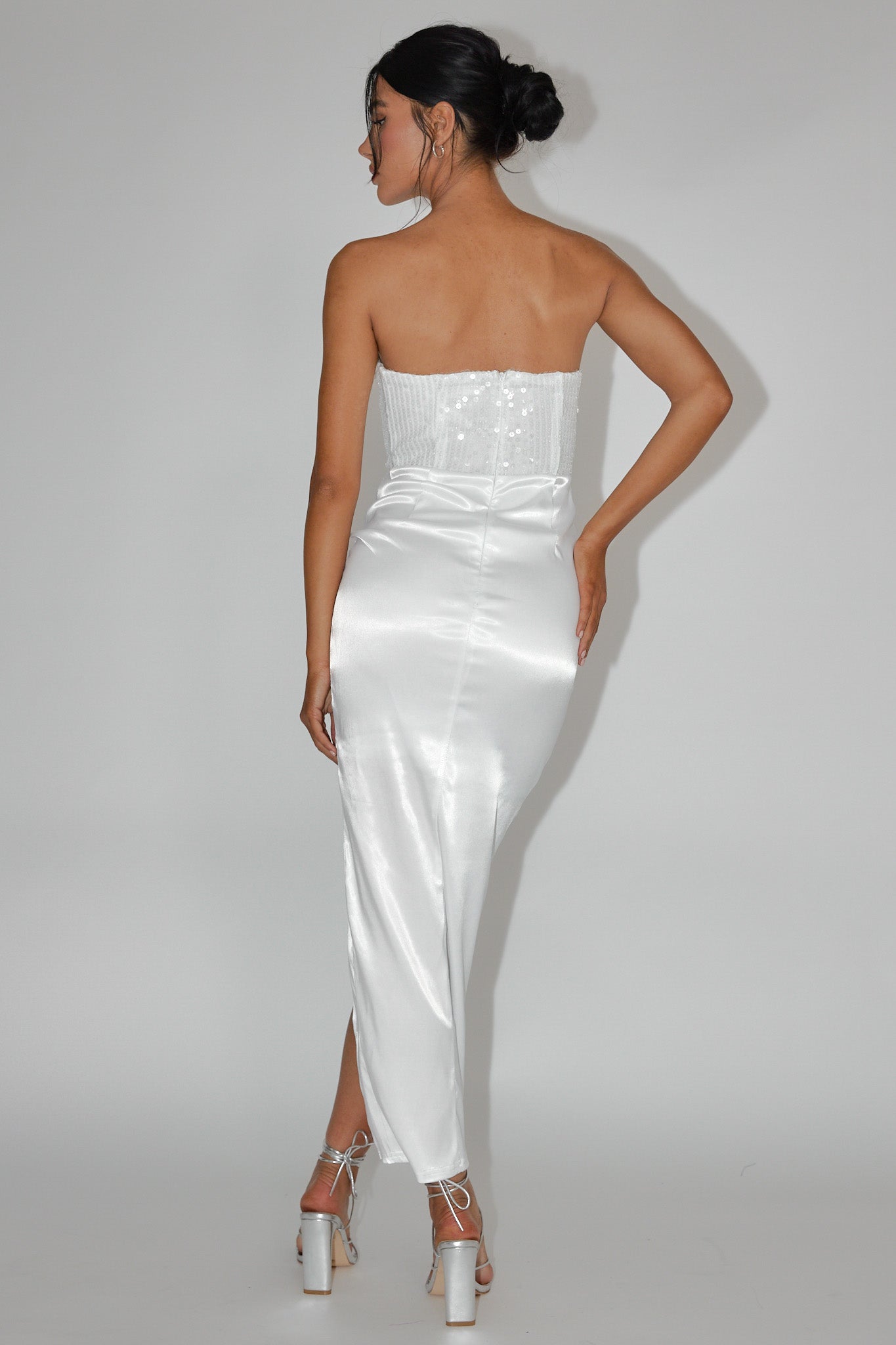 Shop the Yadira Sequin Bodice Satin Midi Dress White | Selfie Leslie