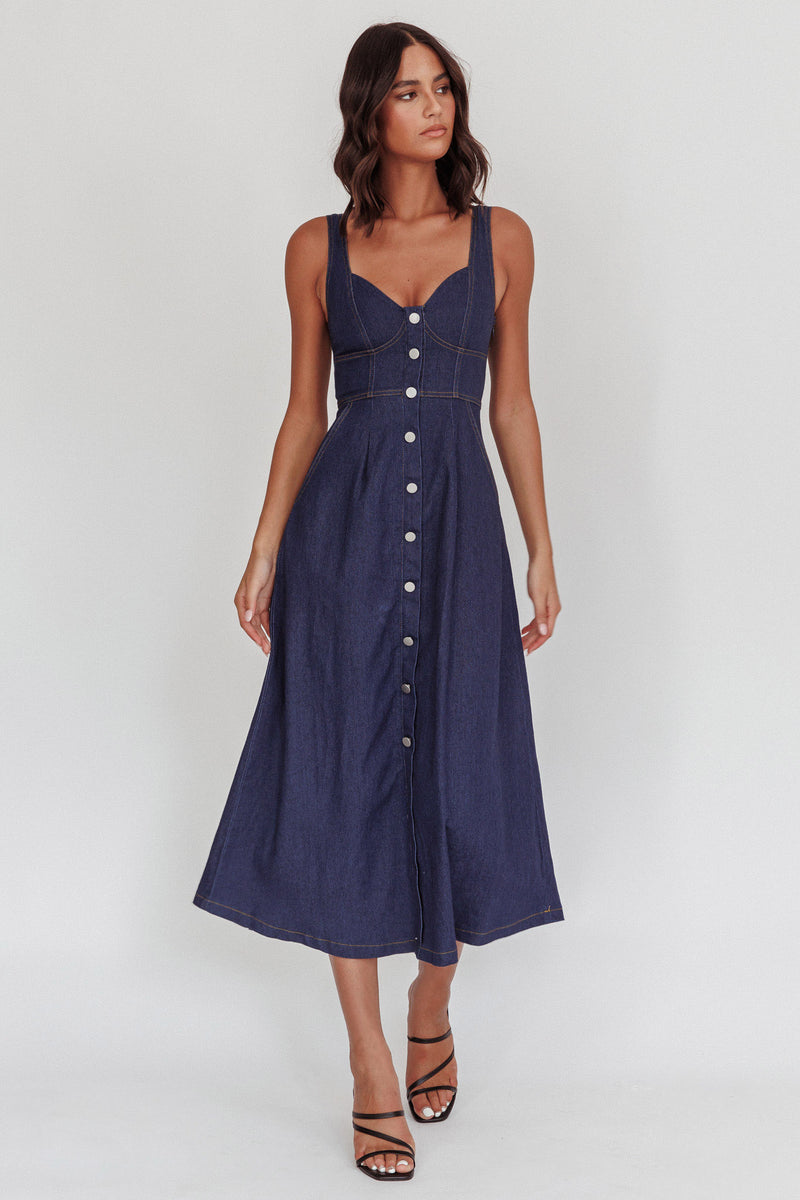 Shop the Pixie Dust Button Front Midi Dress Dark Denim | Selfie Leslie