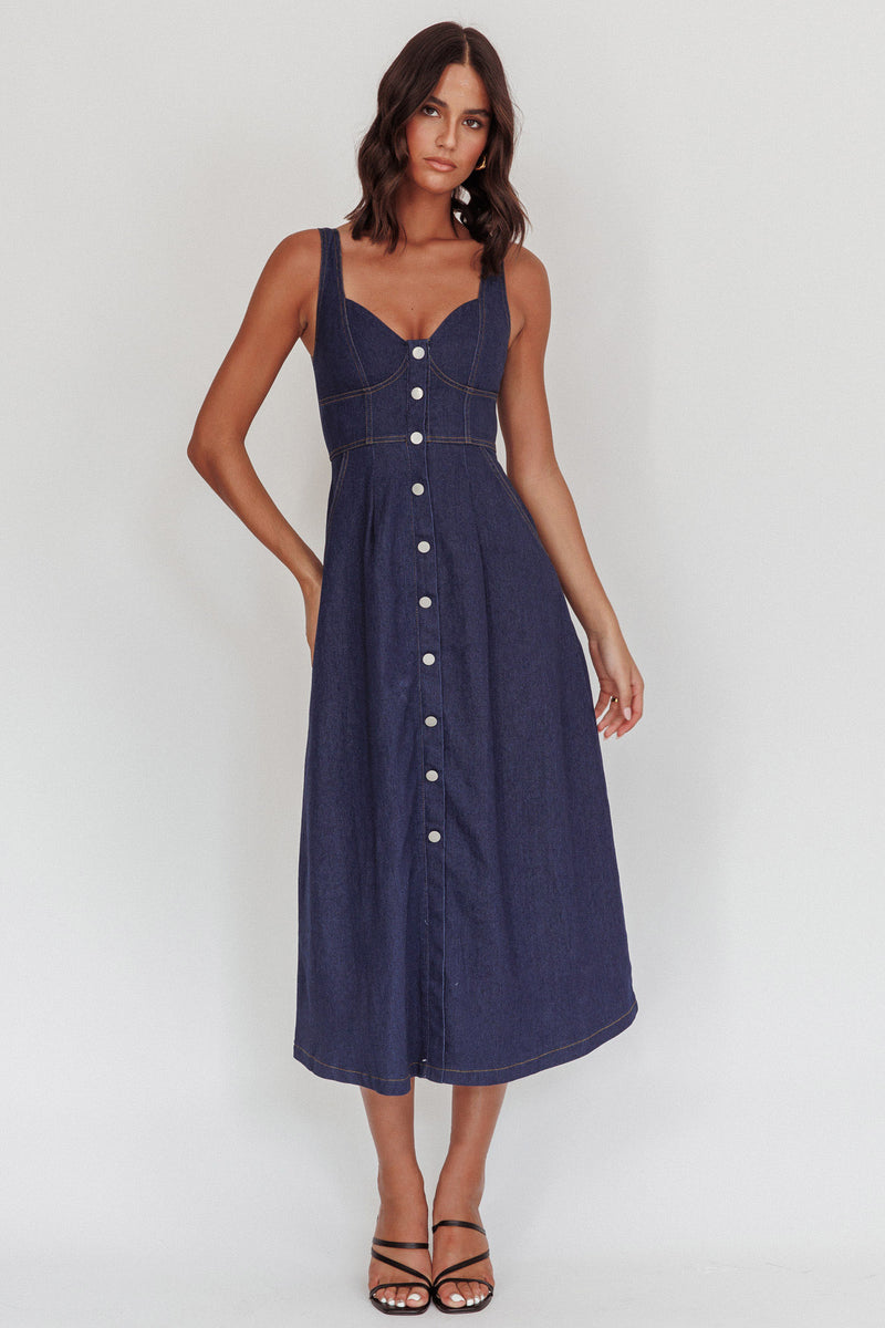 Shop the Pixie Dust Button Front Midi Dress Dark Denim | Selfie Leslie