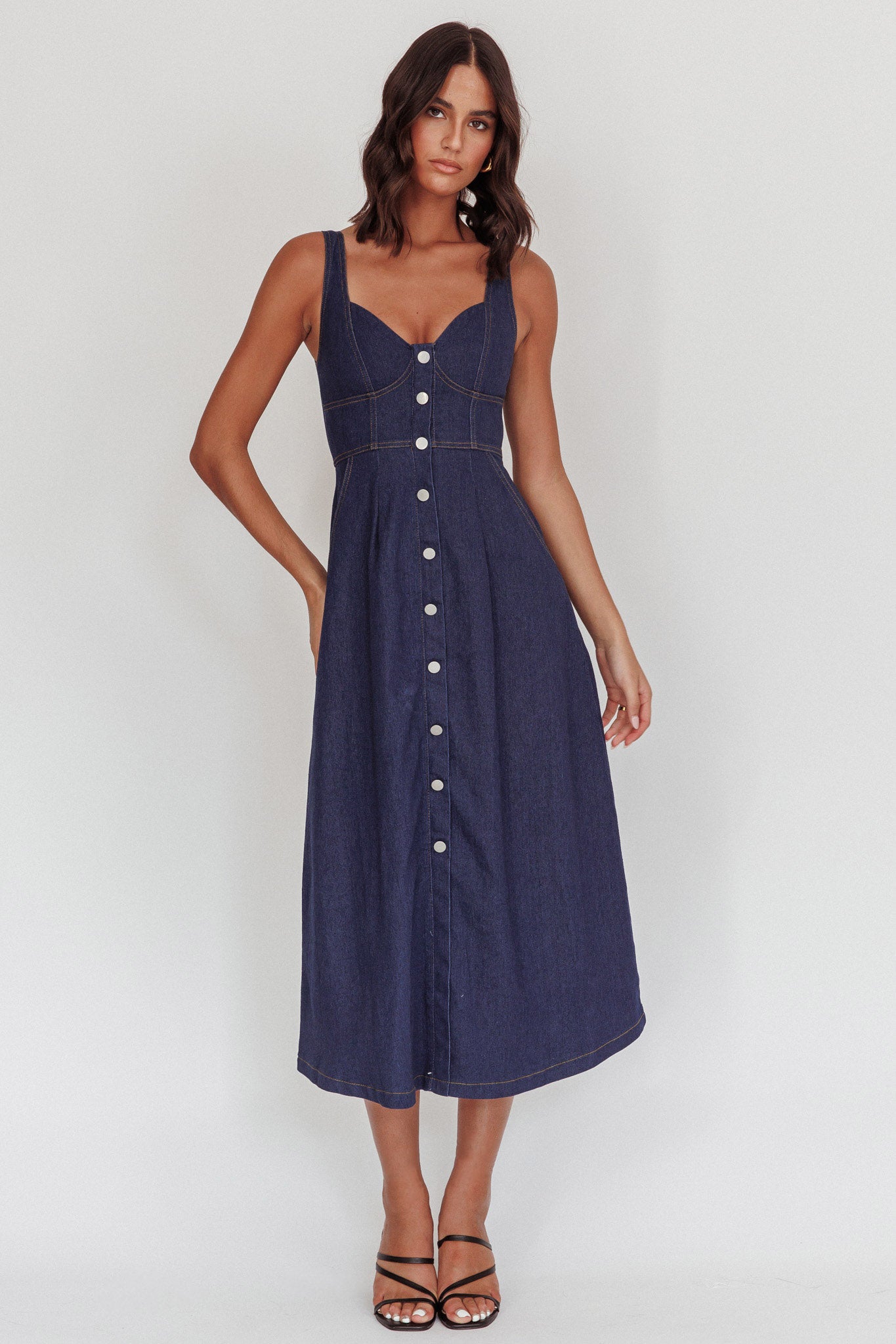 Shop the Pixie Dust Button Front Midi Dress Dark Denim Selfie Leslie