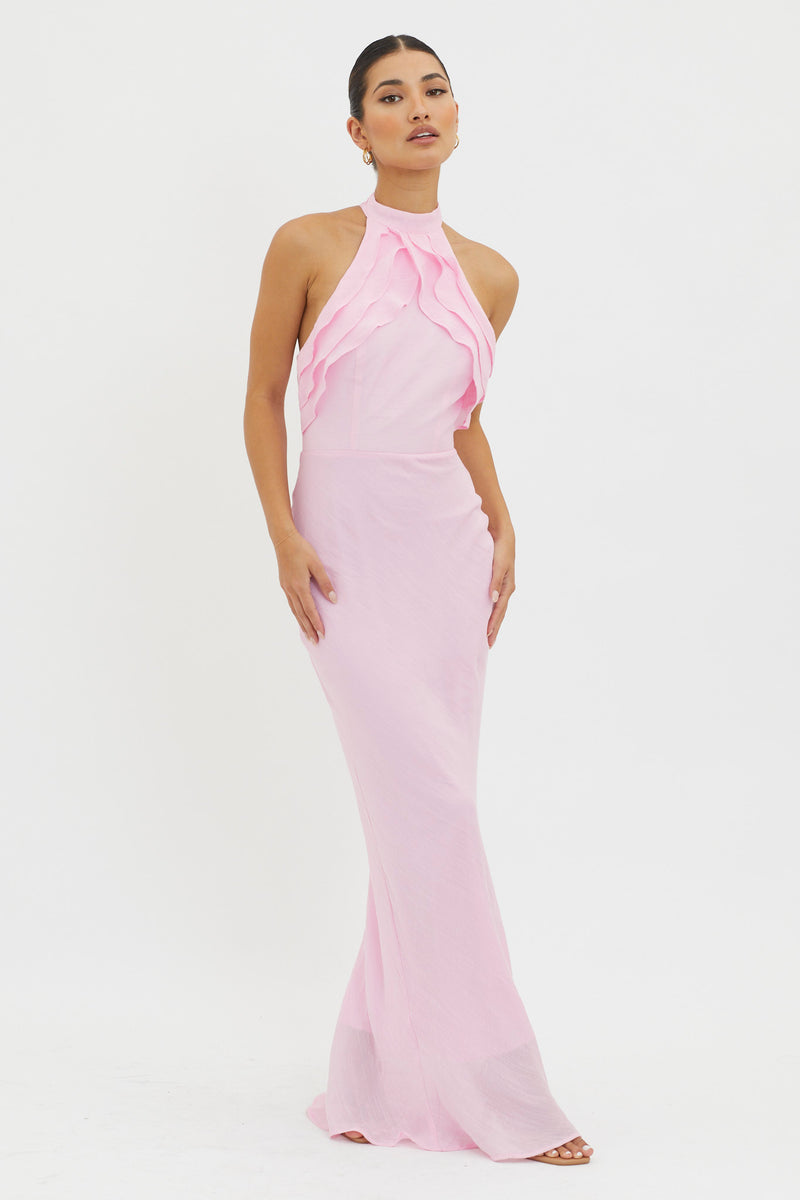 Shop the Topaz Skies Halterneck Ruffle Dress Pink | Selfie Leslie