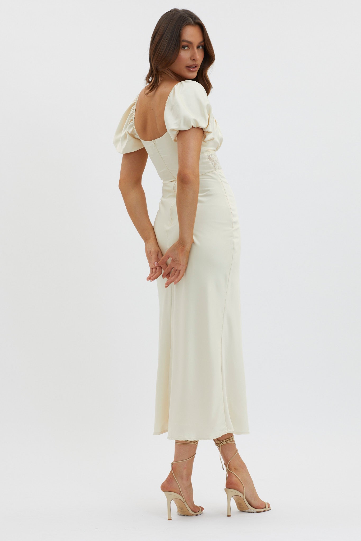 Shop the Allianna Puff Sleeve Lace Waist Midi Dress Butter | Selfie Leslie