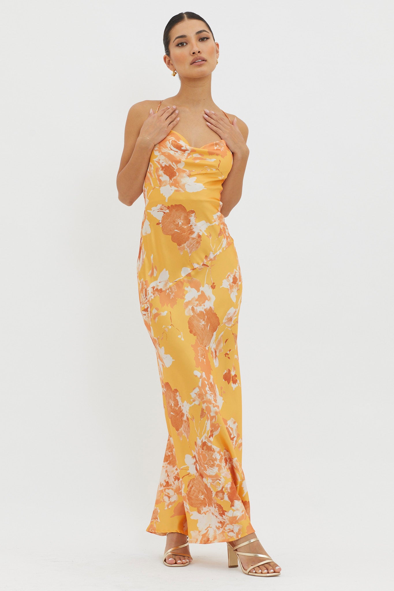 Shop the Dream Walk Cowl Back Tied Dress Print Orange | Selfie Leslie