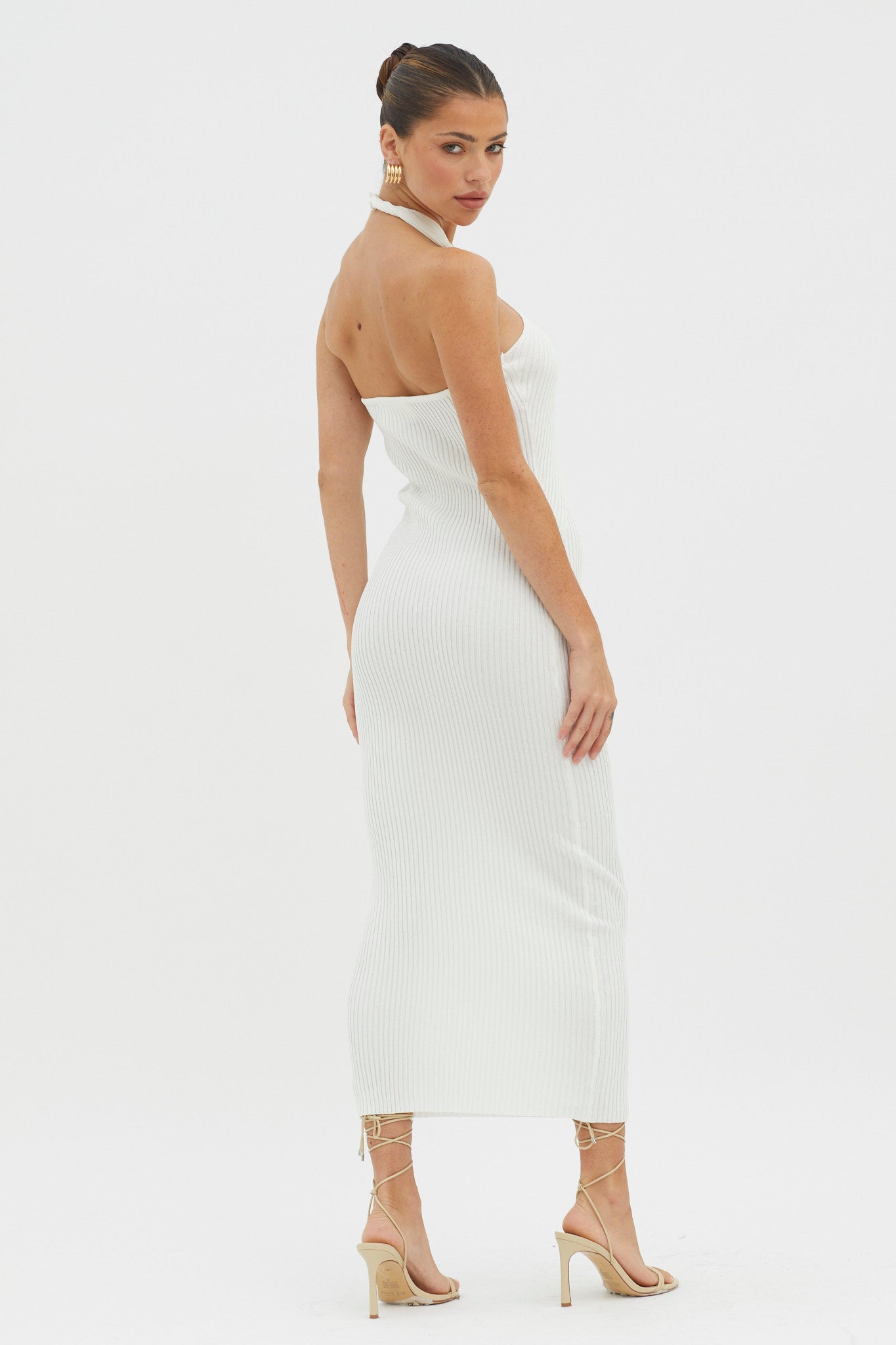 Shop the Lovelock Halterneck Ribbed Knit Midi Dress White | Selfie 